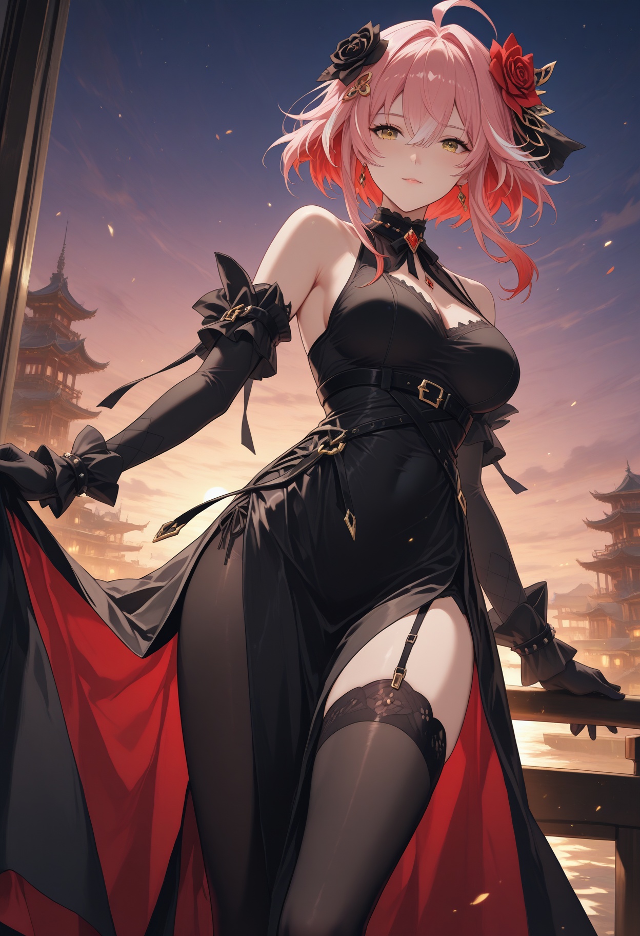 <lora:长离师尊:1>,changli,1girl,long hair,bangs,hair ornament,ribbon,hair between eyes,bare shoulders,yellow eyes,ahoge,red hair,short hair,multicolored hair,highlighted hair,pink hair,flower,hair flower,sexy,<lora:幻梦:1>,huanmeng,thighhighs,gloves,dress,jewelry,black gloves,elbow gloves,belt,black thighhighs,black footwear,black dress,high heels,garter straps,side slit,pantyhose,earrings,black pantyhose,sleeveless dress,boots,high heel boots,