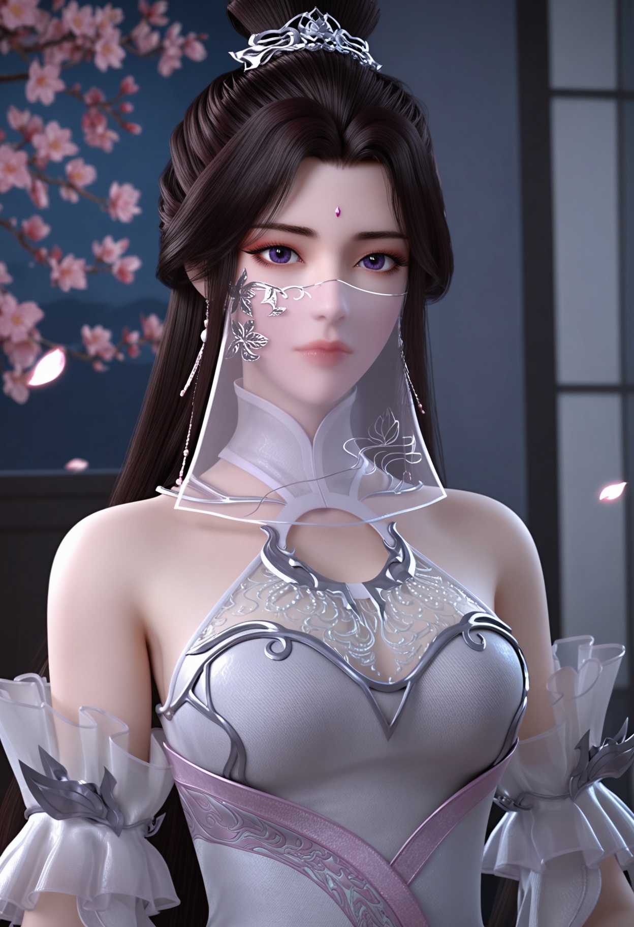 (upper_body:1.2),(looking at viewer:1.1),masterpiece,(best quality),smog,Dark room,dim lighting,peach blossom,falling petals,<lora:YQ_Illustrious光辉v5_月婵2.0_V2:0.8>,q1528437228,1girl,solo,long hair,white dress,jewelry,earrings,forehead mark,black hair,brown hair,hair ornament,hair bun,mouth veil,detached sleeves,single hair bun,purple eyes,breasts,expressionless,shoes,see-through,