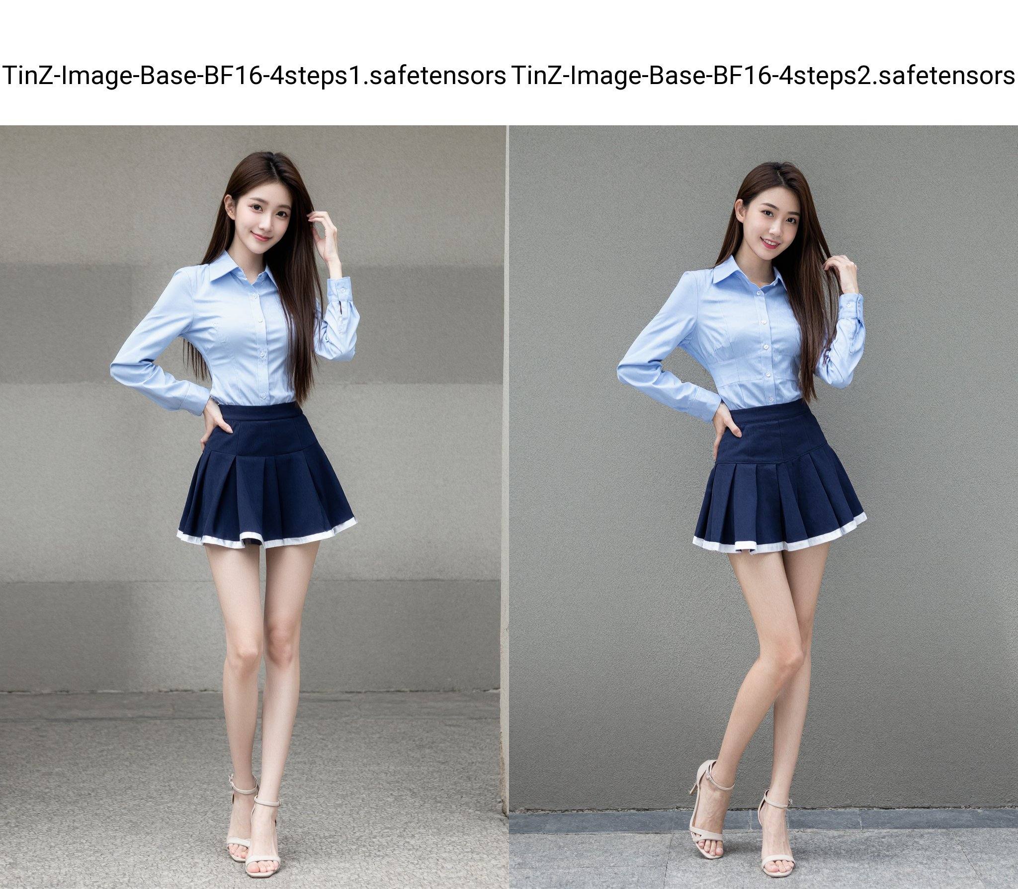 A photograph of an Asian woman with long, straight, brown hair. She is wearing a light blue, long-sleeve button-up blouse with a fitted waist and a dark blue pleated skirt with white trim, accentuating her slim figure. Her skin tone is fair, and she is wearing beige high-heeled sandals. She has a confident smile, with one hand on her hip and the other touching her hair. The image is well-lit, emphasizing her youthful and professional appearance, long legs, outdoors,