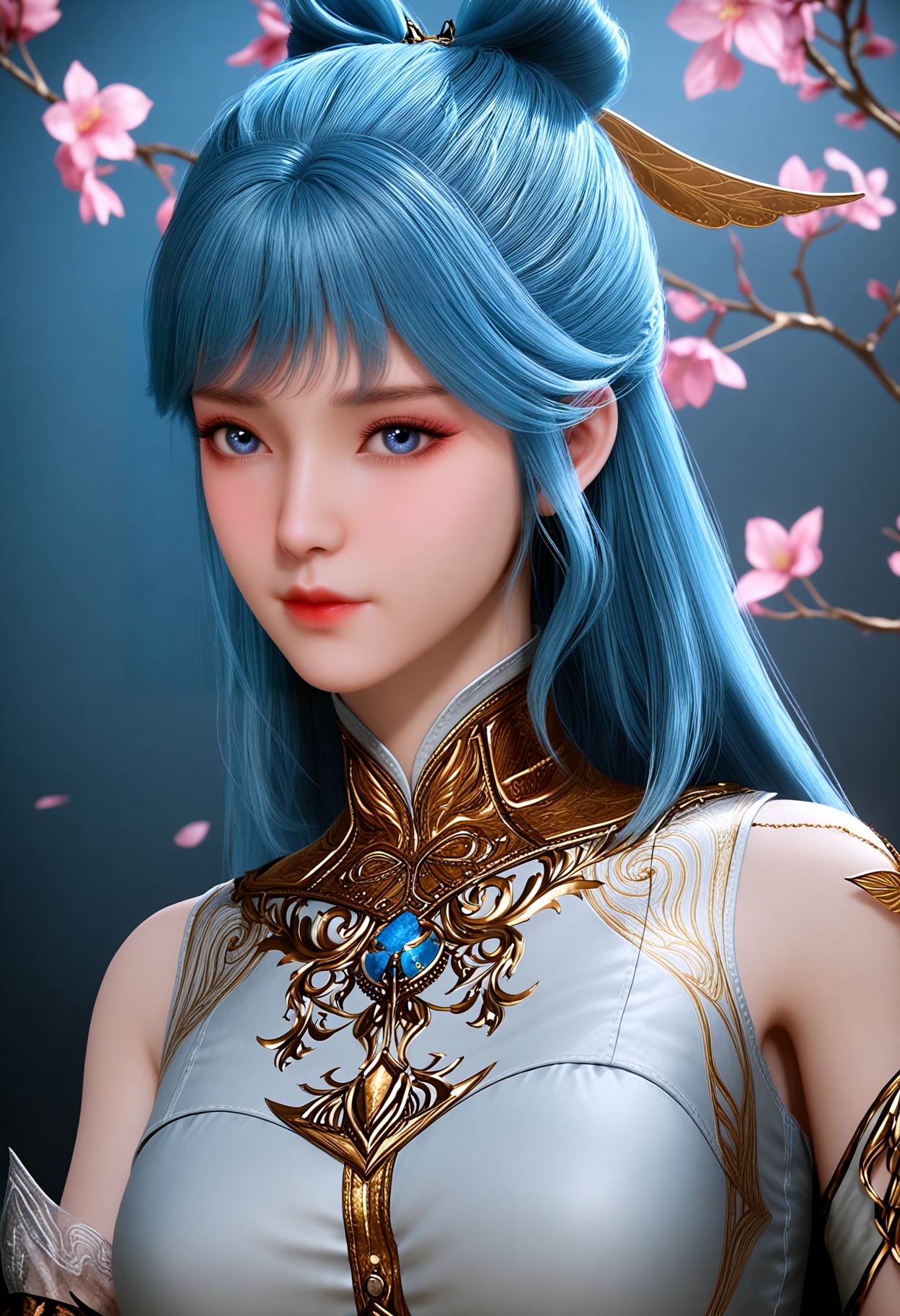 (upper_body:1.2),(looking_at_viewer:1.1),(masterpiece:1.1),(best quality:1.2),(intricate details),(smog:1.3),(Dark room:1.3),(dim lighting:1.3),peach blossom,falling petals,<lora:YQ_Illustrious光辉v5_唐舞桐_V1:0.8>,q1528437228:1.1),1girl,blue_hair,long_hair,hair_ornament,blue_eyes,bare_shoulders,realistic,jewelry,hair_rings,multicolored_hair,gradient_hair,hair_bun,dress,chinese_clothes,china_dress,long_dress,detached_sleeves,masterpiece,(best quality),(intricate details:0.9) BREAK (intricate details:0.9),(realistic skin:1.2),masterpiece,best quality,newest,absurdres,hiahres,