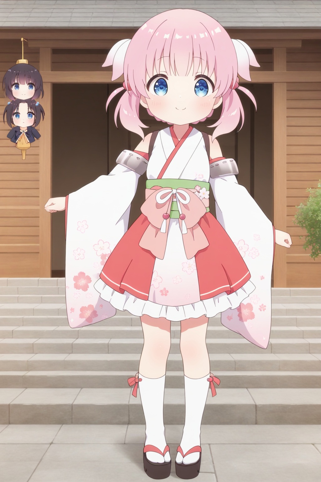 <lora:Haizakura_Ill_v10:0.8>,full body,Haizakura,little_girl,loli,kawaii,(child),blue eyes,short stature,pink hair,twintails,medium hair,hair ornament,japanese clothes,kimono,detached sleeves,bare shoulders,smile,white kimono,hair bobbles,