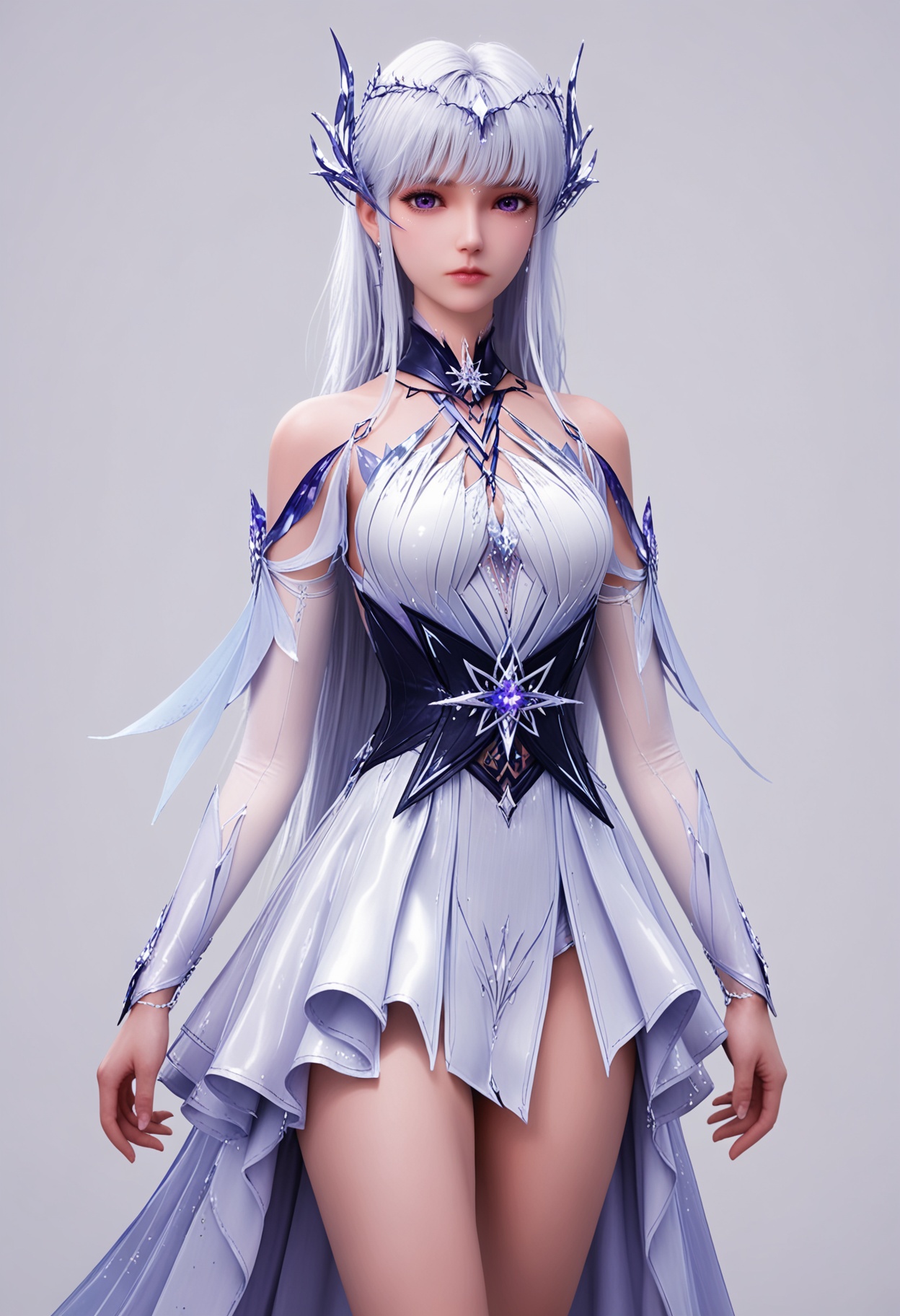 score_9,high detail,best quality,shiny skin,shiny,shengcaiersj,1girl,solo,purple eyes,long hair,white hair,white background,hair ornament,dress,bare shoulders,simple background,closed mouth,white dress,jewelry,expressionless,realistic,earrings,detached sleeves,looking at viewer,thighs,<lora:QQSponyshangcaiersjV1:0.8>,<lora:Pony_DetailV2.0:0.8>,<lora:皮肤凹痕:0.1>,
