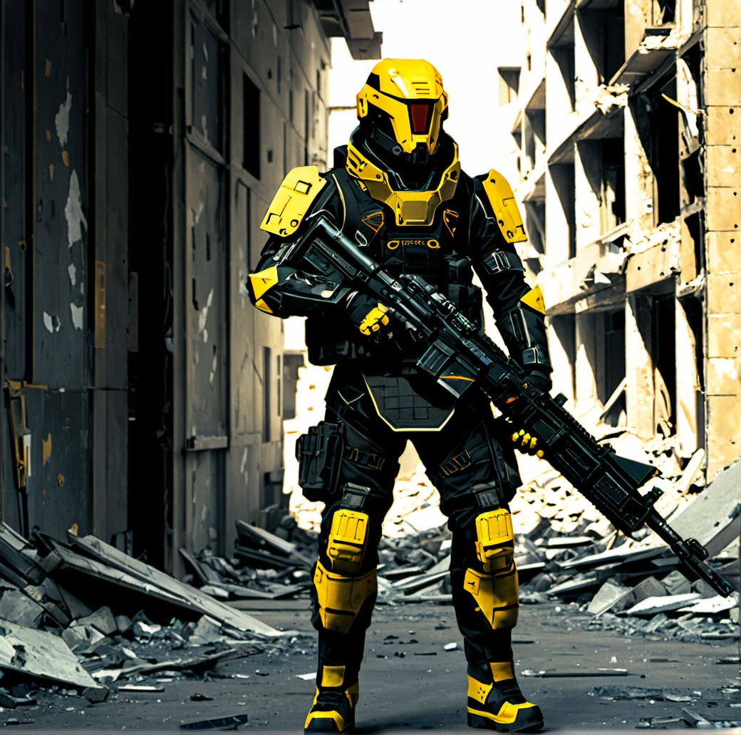 weapon, solo, science fiction, 1boy, helmet, gun, building, male focus, armor, holding, holding weapon, city, rifle, futuristic soldier, concept art, digital illustration, sci-fi armor, visor, militaristic, exoskeleton, tactical gear, urban backdrop, dystopian, high-tech, detailed, black and gold color scheme, artist signature, male, standing pose, full-body armor, cybernetic enhancements, soldier holding rifle, combat readiness, armor plating, mechanical joints, tactical pouches, gritty environment, armored gloves, heavy boots, knee pads, sharp angles, contrast lighting, action-ready stance, destruction, abandoned buildings, war-torn cityscape, rubble, desolation, future warfare, advanced technology, protective gear, tactical belt, science fiction. ,<lora:机甲-000002:0.6>