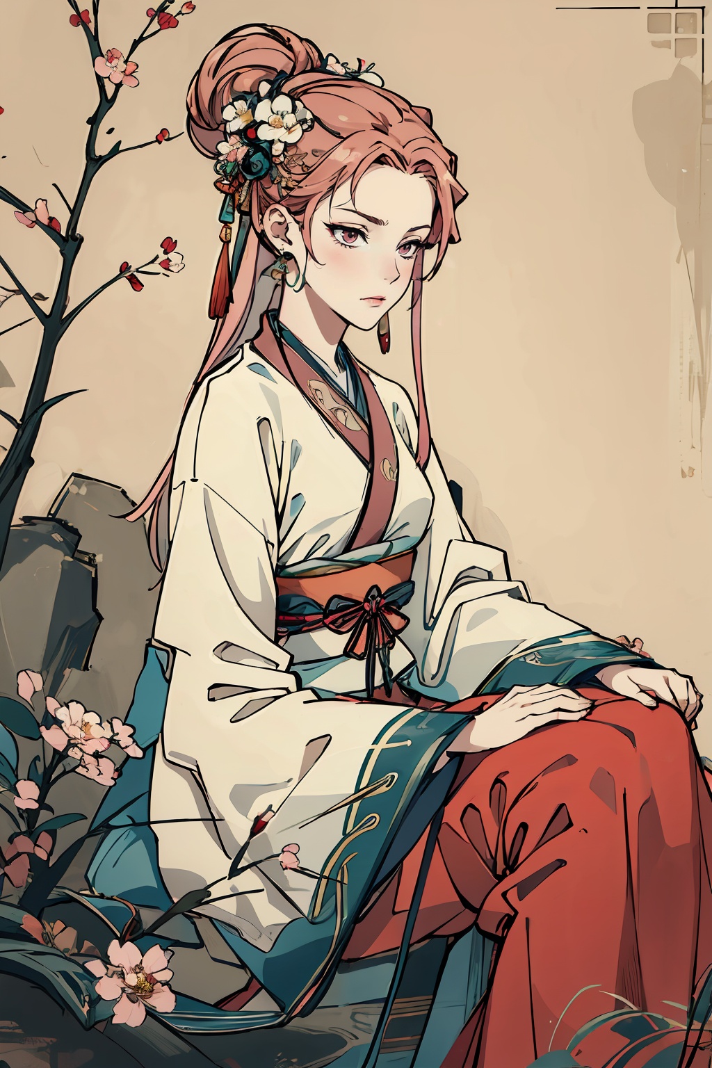<lora:gongbi1.2-000006:0.8>,1girl,solo,hair ornament,pink hair,sitting,jewelry,hair bun,earrings,chinese clothes,long sleeves,sash,hanfu,long hair,single hair bun,flower,closed mouth,gongbi,, masterpiece,best quality,highres,8k uhd,