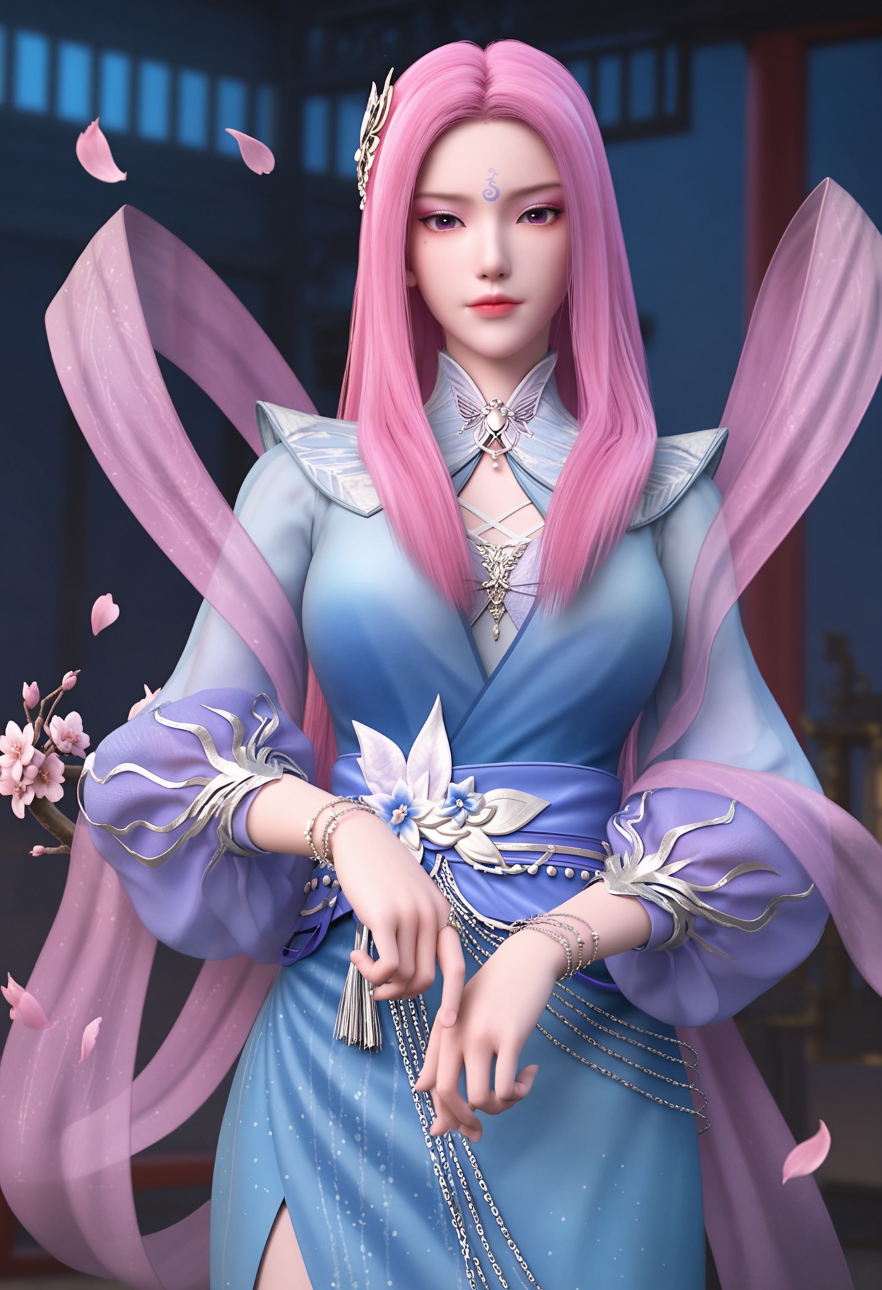 (cowboy shot:1.2),looking at viewer:1.1,masterpiece,(best quality),smog,Dark room,dim lighting,peach blossom,falling petals,<lora:YQ_Illustrious光辉v5_玄月_V1:0.8>,q1528437228,1girl,long hair,pink hair,solo,forehead mark,dress,hair ornament,blue dress,jewelry,sash,purple eyes,bracelet,pink eyes,shawl,long sleeves,hagoromo,