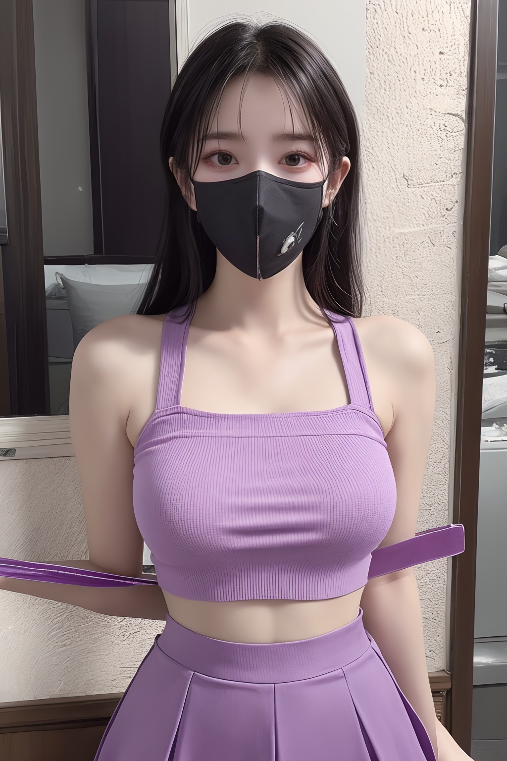 1girl, bangs, bare shoulders, black hair, black skirt, covered mouth, gas mask, long hair, mask, midriff, mouth mask, nail polish, pencil skirt, purple nails, purple skirt, skirt, solo, surgical mask, tape gag  <lora:口罩:0.8>
