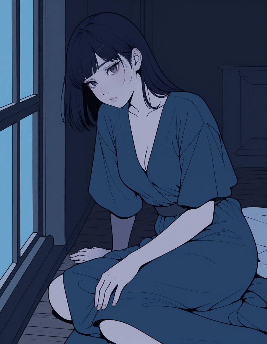 a woman in a blue dress sitting on the floor in front of a window,  with a dark background. Her face is clearly visible,...
