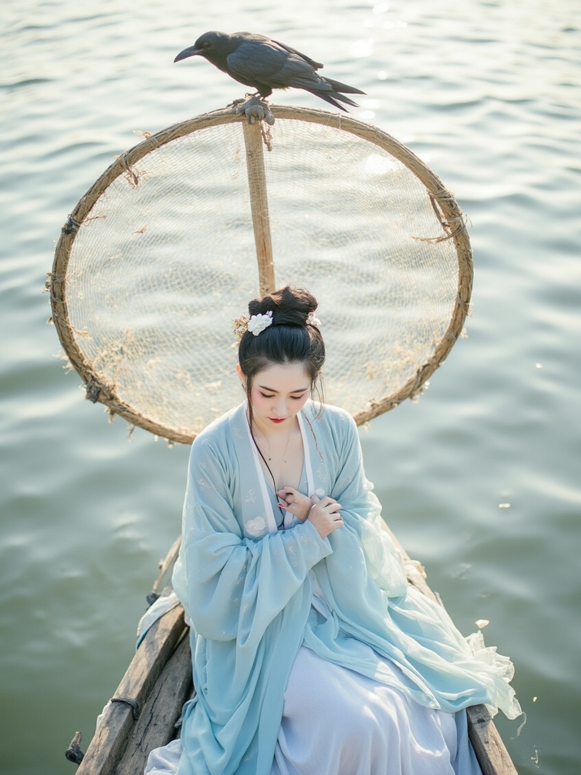 The photograph captures a serene scene featuring a young woman seated on a wooden fishing boat on a calm lake. She is dressed in traditional Chinese attire, characterized by a flowing, pale blue and white gown with intricate embroidery. Her dark hair is styled in an elaborate, high bun adorned with a flower. She sits with a contemplative expression, gazing down at her hands, which are folded in her lap. Her skin is fair and smooth, with a delicate, almost ethereal quality.In the background, a large, round fishing net is suspended above her, held by a wooden pole. Perched on top of the net is a black bird, likely a crow or raven, adding an element of symbolism or folklore. The water reflects the soft, golden light of the setting sun, casting a warm glow over the scene.The overall composition is peaceful and tranquil, with the natural elements of the lake and the woman's attire blending harmoniously. The photograph's style is reminiscent of traditional Chinese art, emphasizing simplicity, elegance, and a connection with nature. The texture of the fabric and the smoothness of the water are vividly captured, enhancing the sense of calm and tranquility.