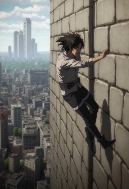 A dynamic scene of Eren Yeager scaling a tall wall using his omnidirectional gear. His dark hair blows behind him as he as...