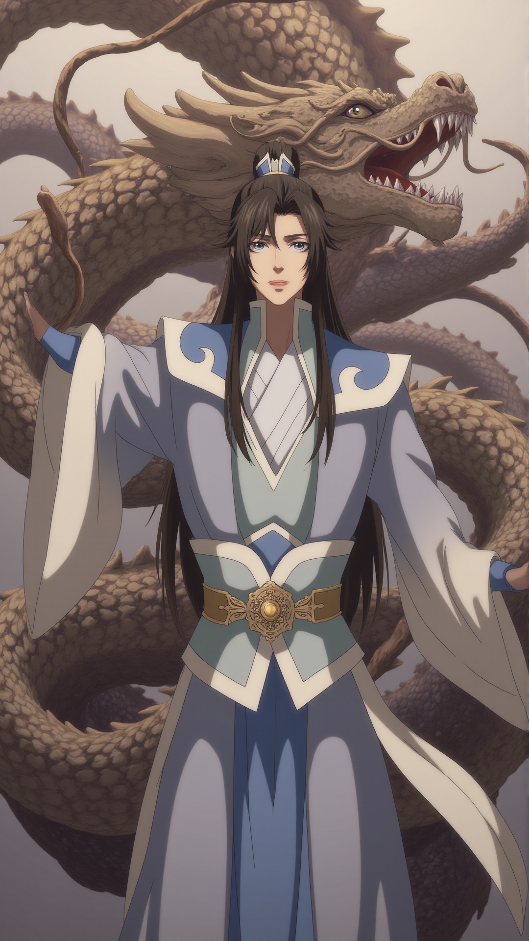 Masterpiece, best quality, ultra-detailed, detailed pupils, photography, pale, high quality, top CG rendering, highest quality, ultra-clear, ultra-detailed, New Chinese Art style. A highly detailed painting of a man in front of a dragon, showcasing intricate details and ultra-high resolutions. The scene is captured in 8K resolutions, with an 8k Wallpapers aesthetic, featuring a good figure and HD, 32k quality. The artwork is super clean, with Official Art and Extremely Detailed CG, perfect for 8k displays..,<lora:F1-baixiaochun:0.8>,