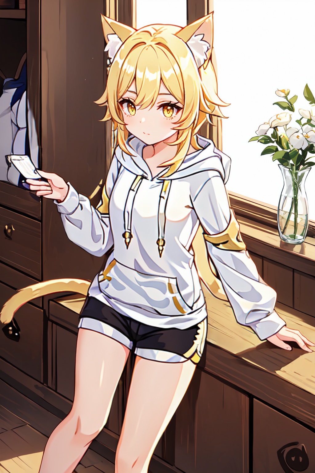 1girl,lumine (genshin impact),solo,<lora:lumine-000009:0.5>,blonde hair,hair ornament,yellow eyes,sidelighting,wallpaper,(white hoodie,shorts:1.5),(cat ears:1.4),