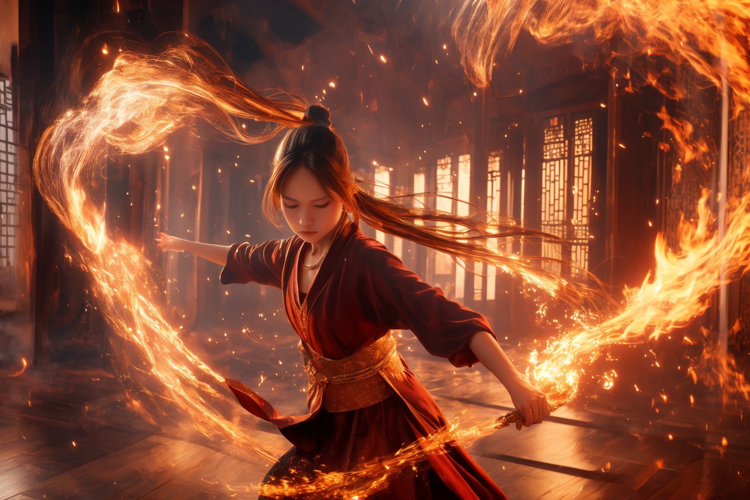 orang-aura,using orang-magic,orang-magic,ancient-costume,dancing,solo,1girl,fire,long hair,ponytail,<lora:magic_fighting_768:0.8>,