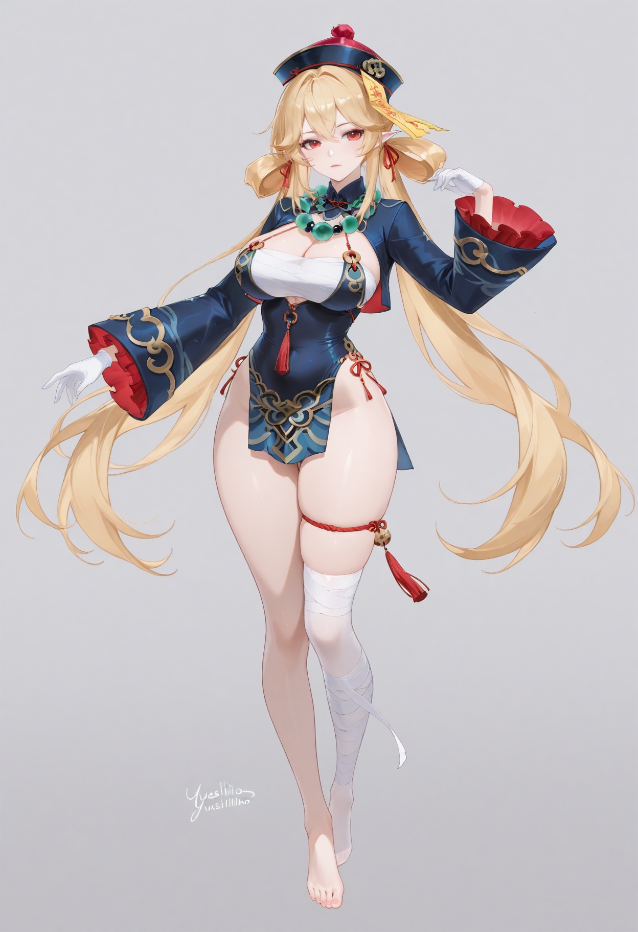 front view,((((full_body:1.4)))),(artist:kousaki rui:0.4),(artist:agm:0.6),(artist:arutera:0.6),masterpiece,hyper quality,amazing quality,absurdres,signature,(((((signature:yushililuo:1.5))))),solo,1girl,standing,simple background,white_background,eyeshadow,<lora:九幽离魄·希望神女:1>,xiwang,1girl,long hair,bangs,blonde hair,red eyes,hat,ribbon,hair ribbon,pointy ears,red ribbon,ofuda,talisman,breasts,cleavage,jewelry,necklace,hair rings,beads,jiangshi,bead necklace,qing guanmao,large breasts,thighhighs,gloves,long sleeves,dress,very long hair,jacket,white gloves,white thighhighs,hat,barefoot,pointy ears,wide sleeves,bandages,single thighhigh,bandaged leg,jiangshi,