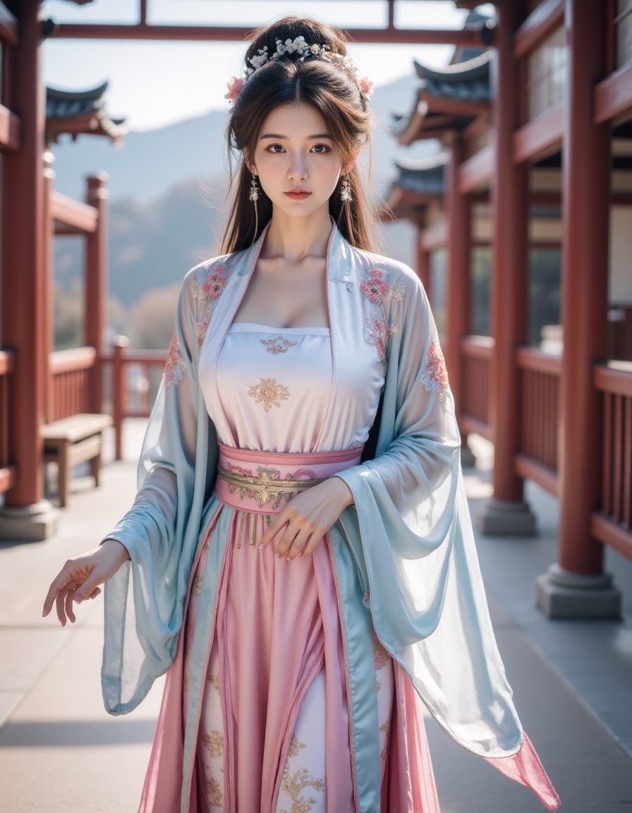 <lora:20250110_AgainCharacters_Flux:1>, 1girl, solo, earrings, jewelry, realistic, looking at viewer, long hair, brown hair, blurry background, hair ornament, flower, blurry, hair flower, hair bun, full body, closed mouth, white and pink chinese clothes, skirt, calf, pink footwear, shoes,