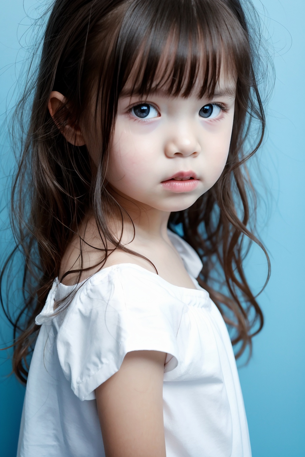 1girl,child,young,white shirt,messy hair,blue background,makeup,looking to the side,serious expression,portrait,, masterpiece,best quality,