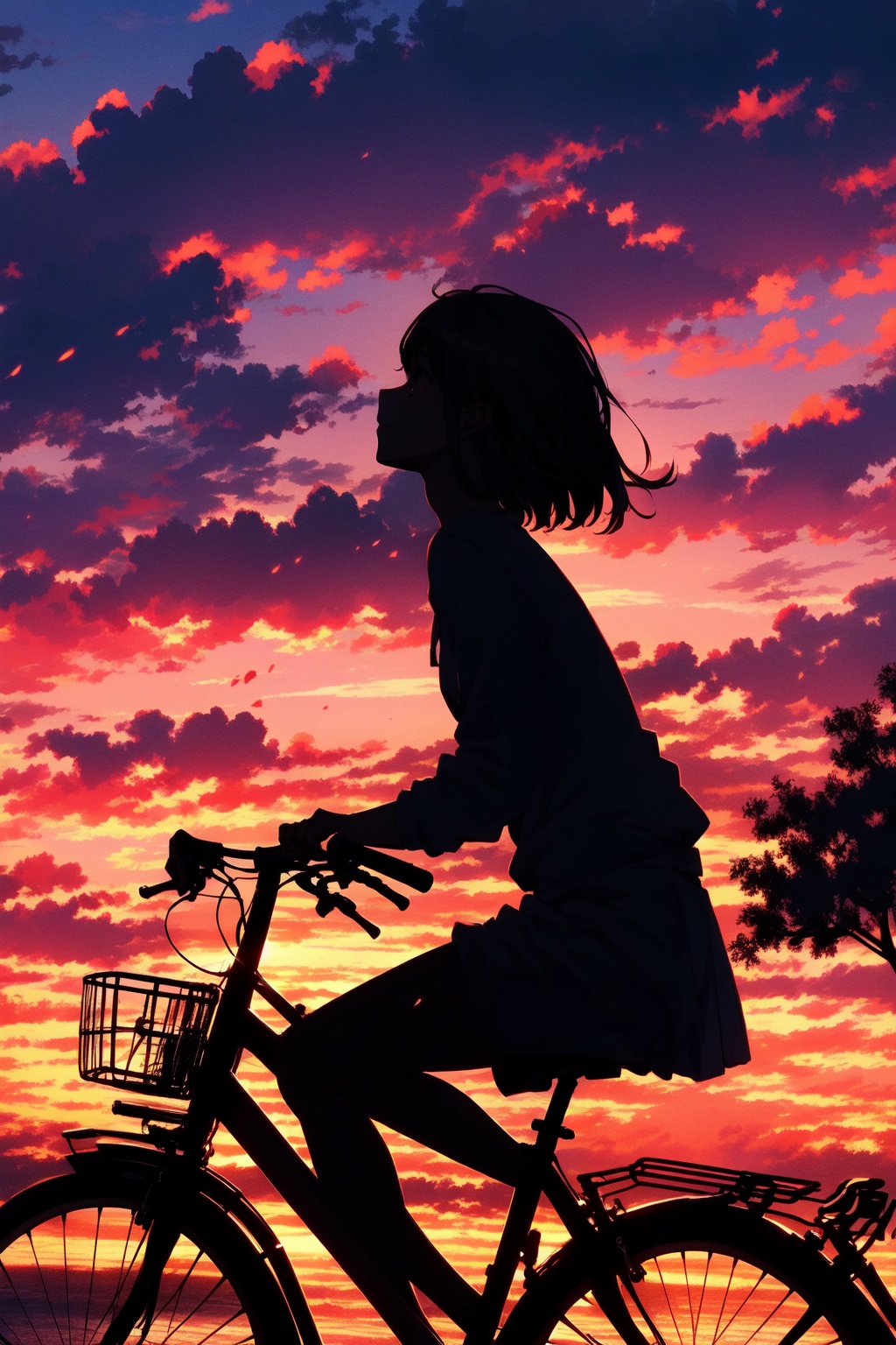 masterpiece,best quality,high quality,highres,riding bicycle, 1girl, solo, sky, outdoors, cloud, silhouette, sunset, sitting, skirt, short hair, from side, lamppost, building, cloudy sky, bicycle basket, tree, long sleeves, evening,