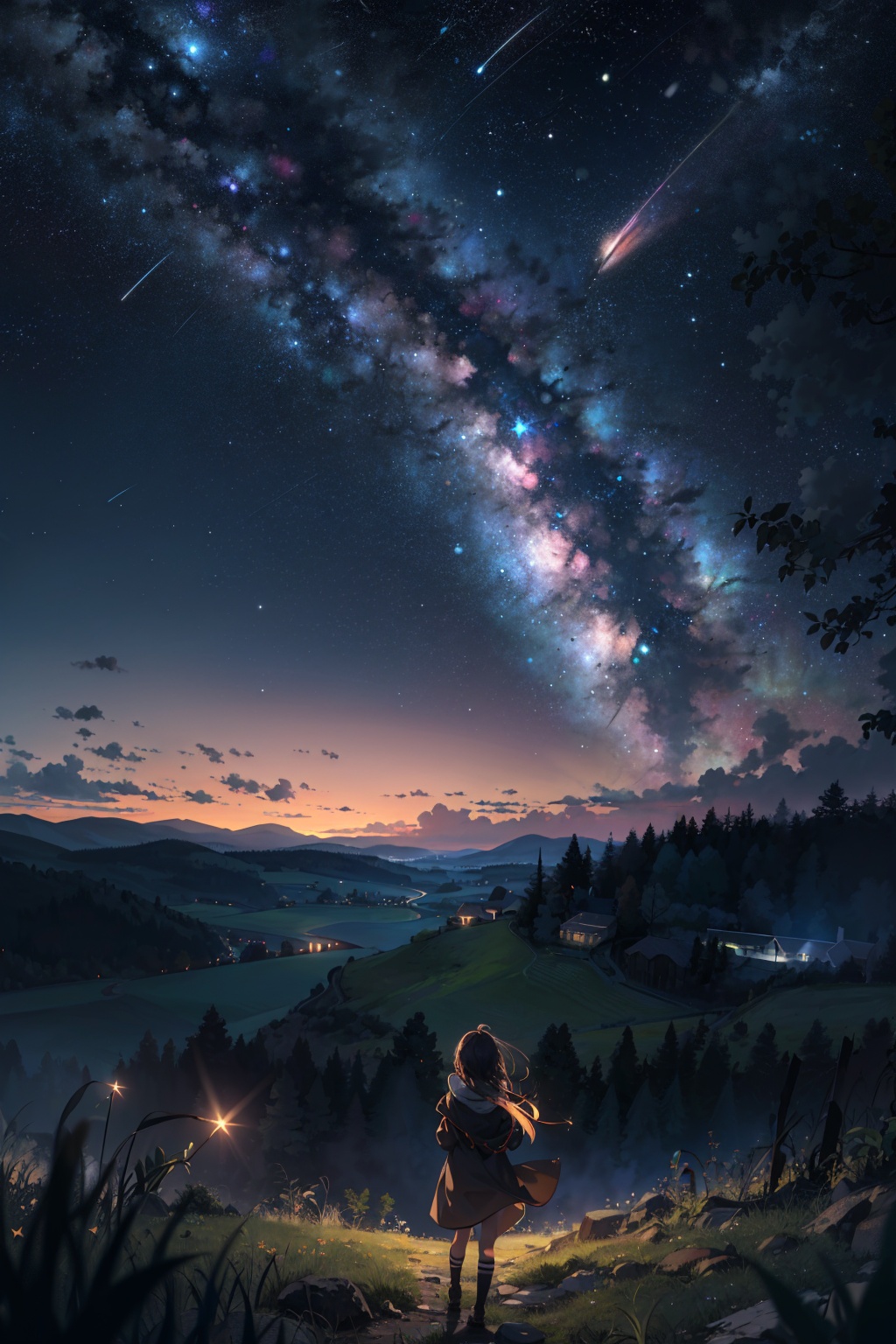 masterpiece,best quality,from behind,your name,1girl,solo,far away,silhouette,grass,nature,open field,landscape,night,shooting star,starry sky,