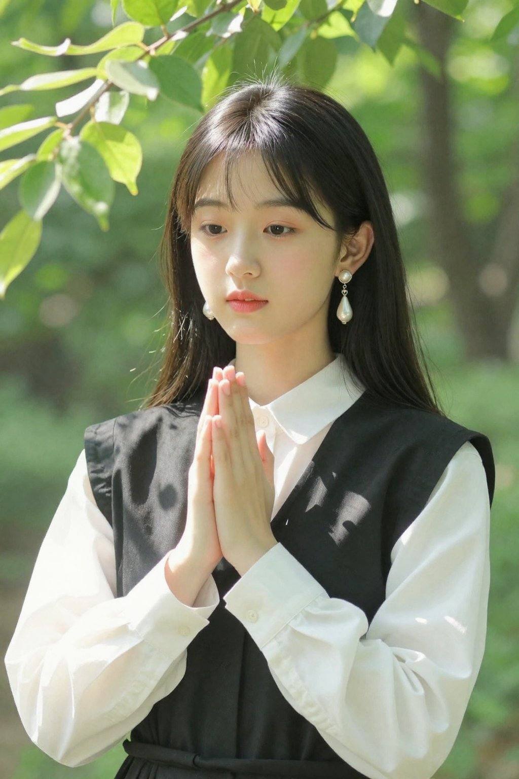 <lora:20260302_TinZITSharpnessSliderLora_v1_000000090:0>, This is a high-resolution photograph featuring a young Asian woman with a fair complexion and long, straight black hair with bangs. She is standing outdoors in a lush, sunlit forest, with green leaves and branches partially framing her from the top left of the image. The woman is wearing a white blouse with a high collar and a black overgarment or vest that has a structured, boxy design. Her hands are clasped together in a prayer-like gesture, with her fingers gently touching, and her lips are slightly parted, giving her a serene and contemplative expression.Her makeup is minimal, with a natural look featuring a light blush and a soft pink lipstick. She is accessorized with large, ornate, pearl-drop earrings that hang elegantly from her ears. The background is a blur of green foliage, suggesting a dense, leafy environment, and the sunlight filtering through the trees casts a warm, dappled light on her face and clothes, adding a serene, ethereal quality to the image. The overall mood of the photograph is calm and introspective, with a focus on the subject's delicate features and the natural beauty of the surrounding forest.