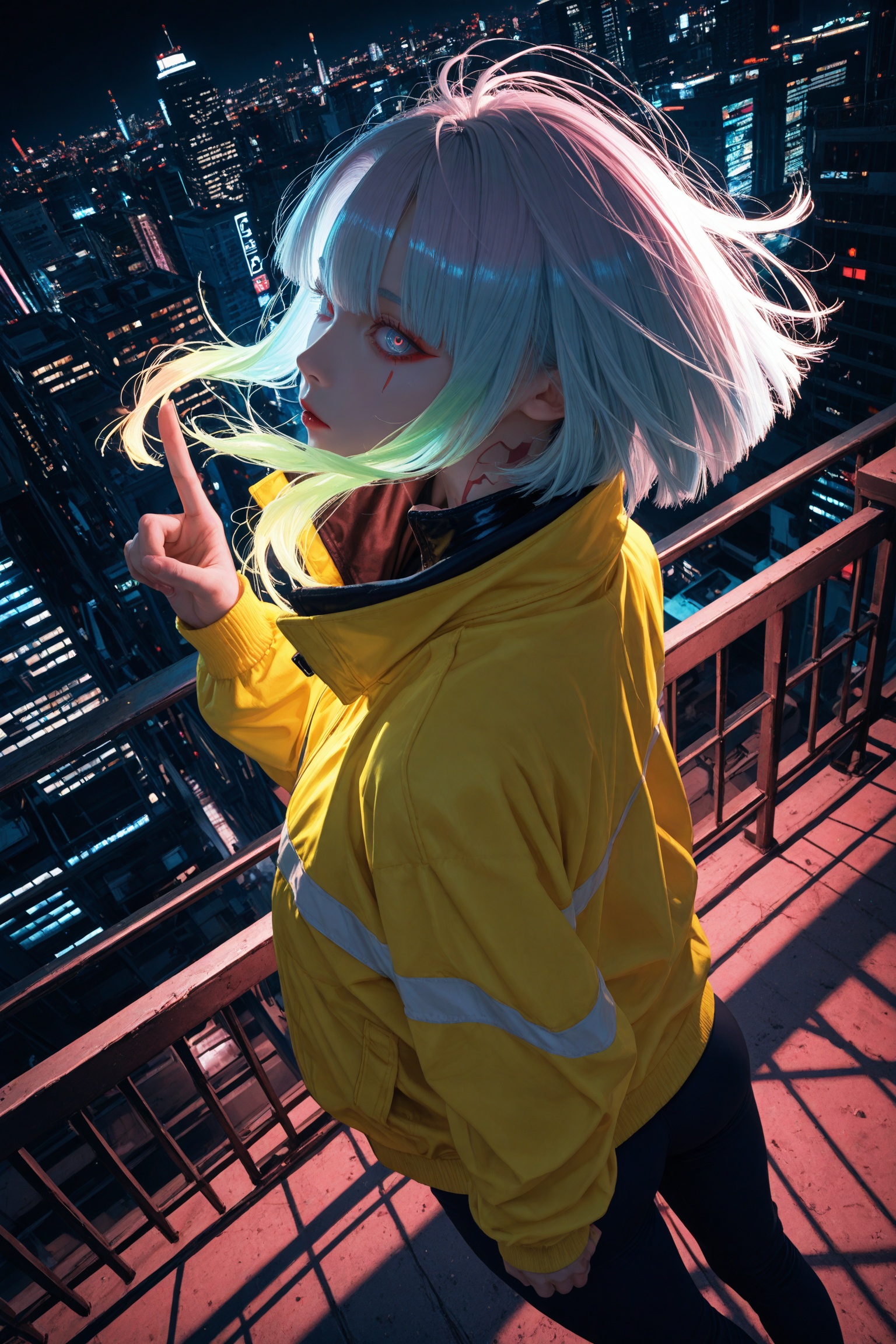 from_above,dutch angle,lucy \(cyberpunk\),cyberpunk: edgerunners,cyberpunk \(series\),1girl,full_body,alternate costume,arm at side,borrowed clothes,building,city,cityscape,collared jacket,covered mouth,cyberpunk,dark,eyeliner,floating hair,from behind,green eyes,hair over face,hair over mouth,hair over one eye,high collar,jacket,light,looking at viewer,looking back,makeup,multicolored eyes,night,one eye covered,outdoors,parted bangs,purple eyes,red eyeliner,shadow,short hair,short hair with long locks,sidelocks,skyline,skyscraper,solo,standing,white hair,wind,yellow jacket,banpai akira,[yoneyama mai,mika pikazo,(quasarcake:0.8),(onono imoko:0.6),rei \(sanbonzakura\),(cogecha:0.8)],scenery,sparkling eyes,fiery hair,hand up,pointing up,