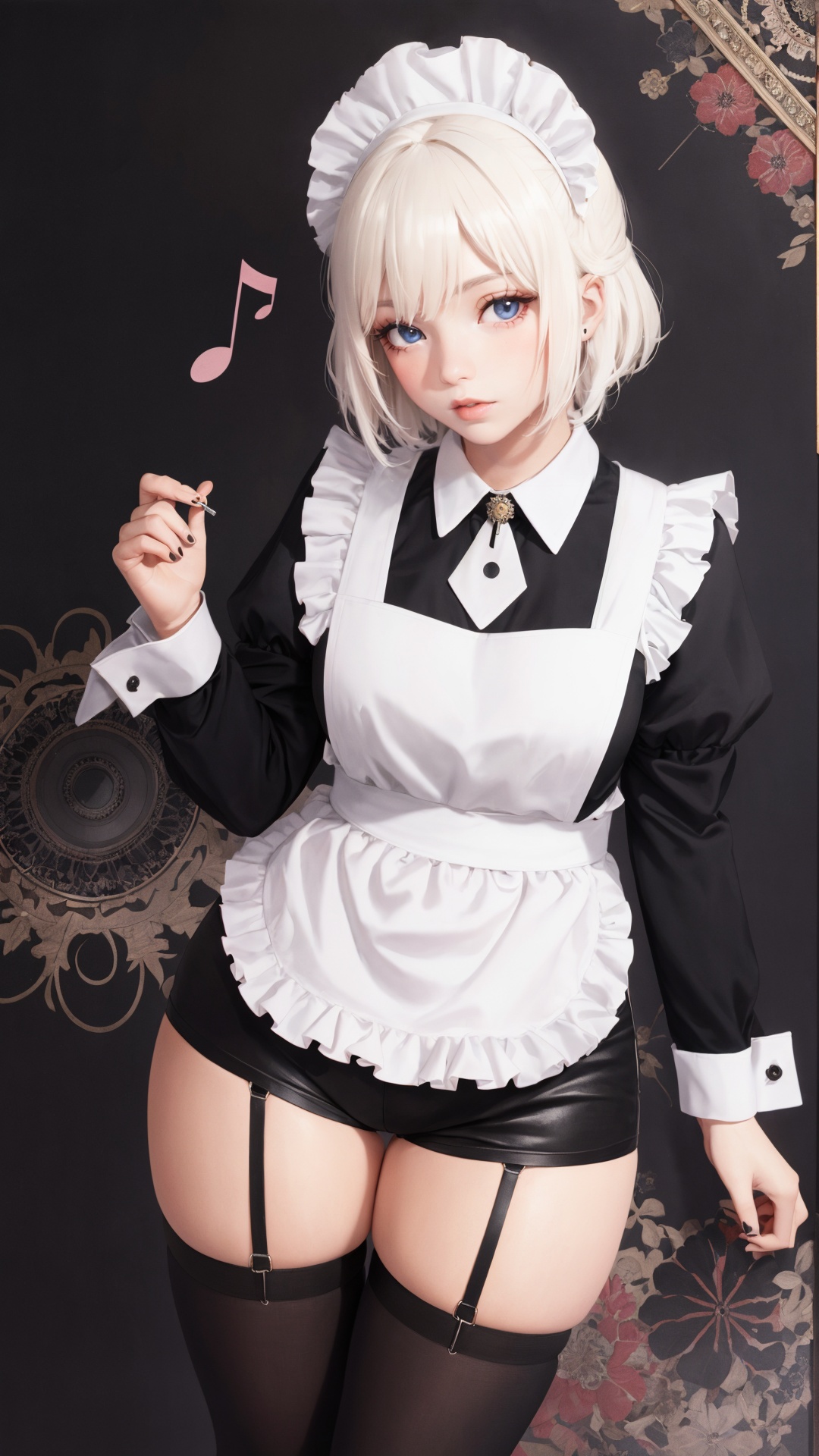 tutututu,apron,long sleeves,maid,maid apron,puffy sleeves,maid headdress,black shorts,black thighhighs,thigh strap,garter straps,<lora:tutututu_20240129122144-000005:0.5>,official art,unity 8k wallpaper,ultra detailed,beautiful and aesthetic,masterpiece,best quality,(zentangle, mandala, tangle, entangle),(fractal art:1.3),1girl,extremely detailed,dynamic angle,cowboyshot,the most beautiful form of chaos,elegant,a brutalist designed,vivid colours,romanticism,by james jean,roby dwi antono,ross tran,francis bacon,michal mraz,adrian ghenie,petra cortright,gerhard richter,takato yamamoto,ashley wood,atmospheric,ecstasy of musical notes,streaming musical notes visible,