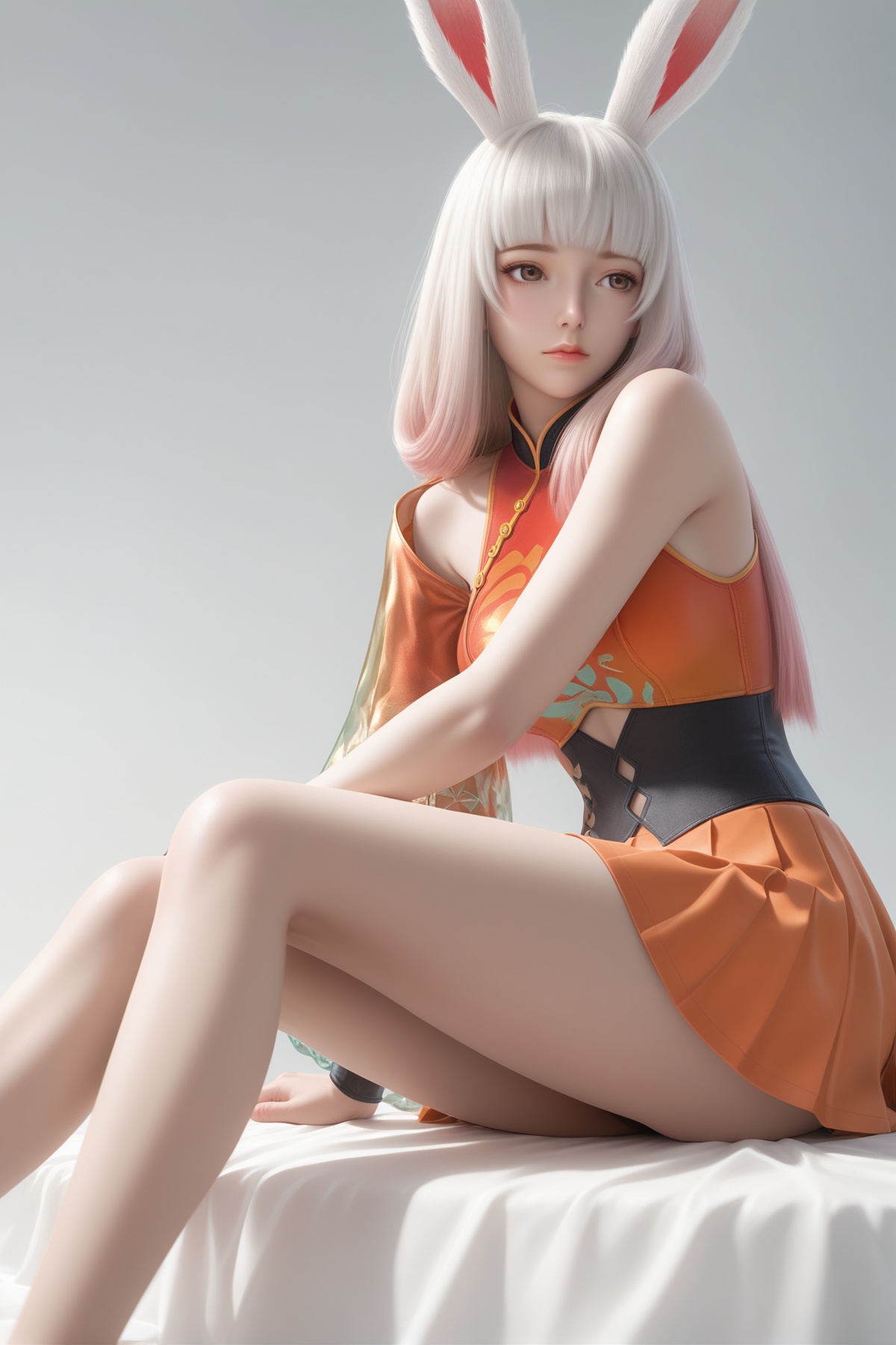 masterpiece,best quality,realistic,cinematic,detail eyes,(ultra-detailed),perfect composition,intricate details,absurdres,detailed face,high quality,high res,8K,<lora:X_gongsunli_***_IL3.0:0.8>,1girl,solo,animal ears,rabbit ears,long hair,orange skirt,skirt,bare shoulders,white hair,blunt bangs,multicolored hair,brown eyes,bare_legs,sitting,simple background,