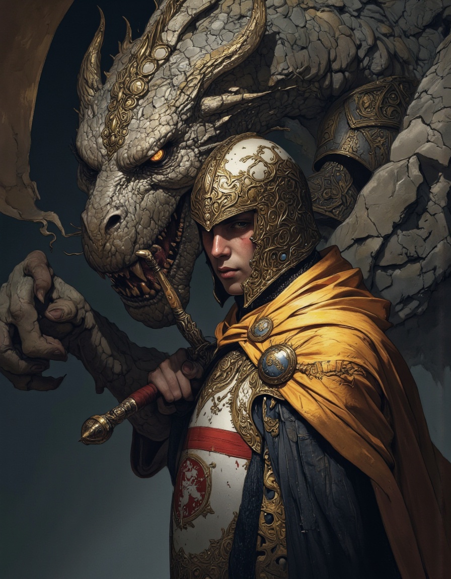 By Phandigrams. A digital illustration shoot from a side camera angle about a knight in ornate armor with a menacing drago...
