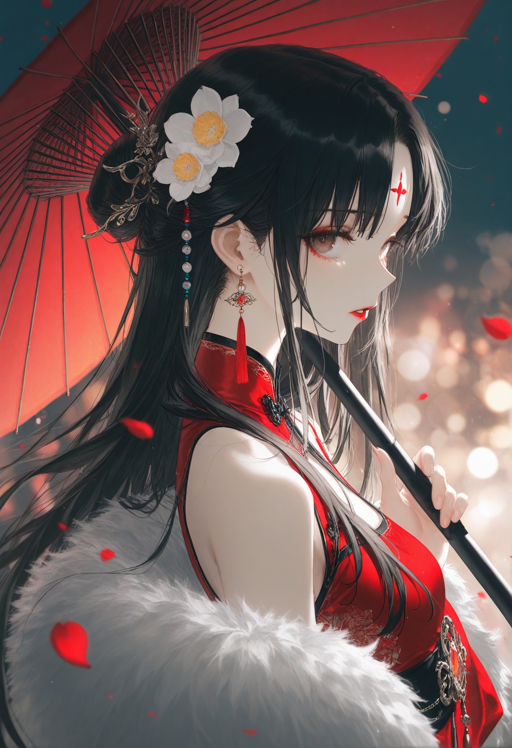 1girl,solo,long hair,looking at viewer,black hair,hair ornament,dress,holding,bare shoulders,brown eyes,jewelry,upper body,flower,earrings,parted lips,hair flower,blurry,from side,fur trim,petals,makeup,umbrella,facial mark,chinese clothes,red dress,beads,holding umbrella,forehead mark,red lips,oil-paper umbrella,falling petals,depth of field,light particles,lens flare,(artist:quasarcake:0.8),extreme aesthetic,(wlop:0.6),wanke,rella,wanke,masterpiece,best quality,good quality,newest,year 2024,year 2023,very aesthetic,absurdres,Visual impact,Electromotive force,perspective composition,A shot with tension,ultra-high resolution,32K UHD,sharp focus,best quality,masterpiece,Emotionalization masterpiece,unconventional supreme,masterful details,with a high end texture,in the style of fashion photography,(Visual impact:1.2),giving the poster a dynamic and visually striking appearance,impactful picture,offcial art,colorful,splash of color,movie perspective,masterpiece,best quality,amazing quality,very aesthetic,absurdres,best quality,newest,qxsy,