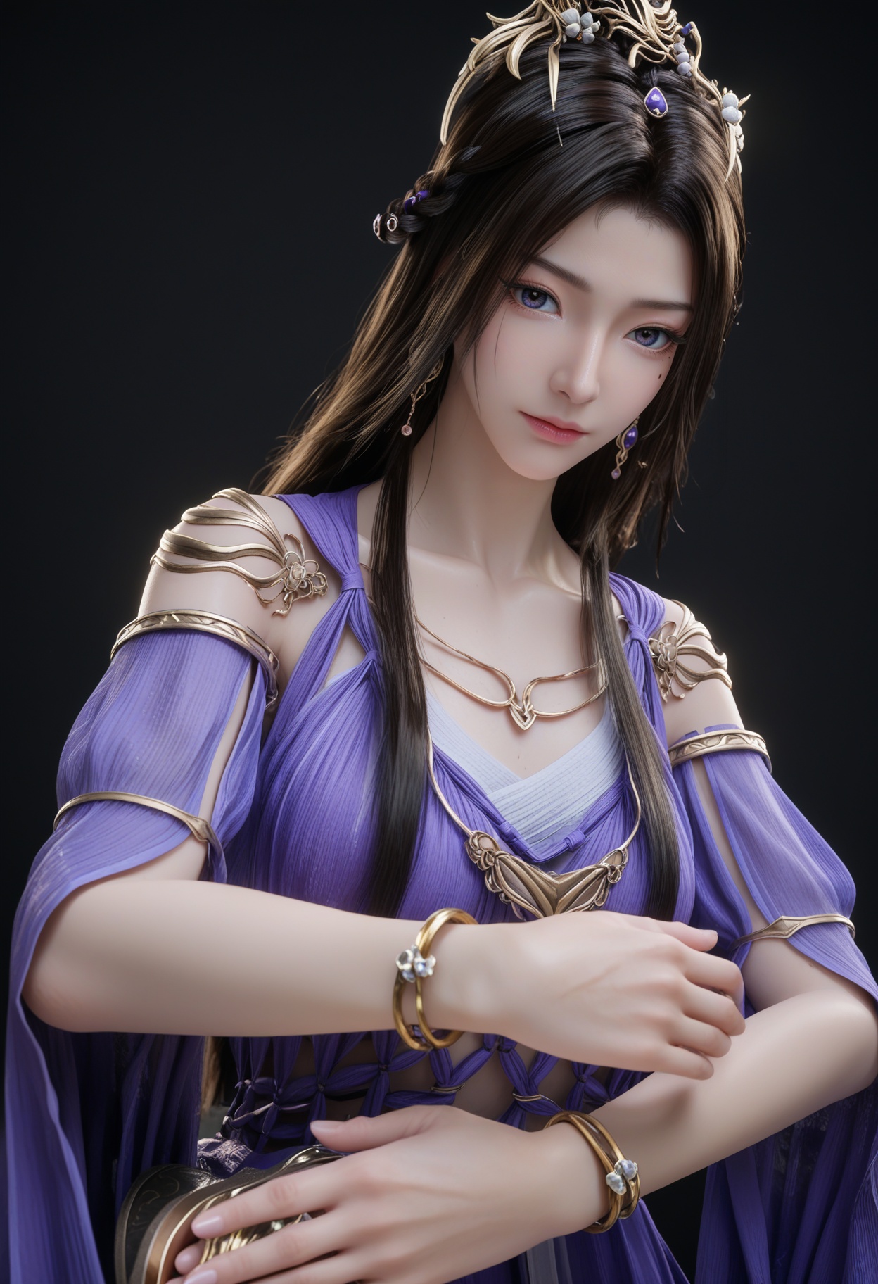 (upper_body:1.2),(score_9:1.2),(score_8_up:1.2),(top quality, 8k wallpaper:1.1),(masterpiece:1.1),(best quality:1.2),(intricate details),8k,1girl,facing viewer,(looking at viewer:1.1),<lora:YQ_pony_ziling_V4:0.95:lbw=1,1,1,1,1,1,1,1,1,0.8,0.8,0.1>,q1528437228,1girl,solo,long hair,black hair,dress,jewelry,hair ornament,necklace,blue dress,purple dress,blue eyes,bracelet,detached sleeves,hair bun,brown hair,earrings,braid,single hair bun,mole,wide sleeves,sandals,purple eyes,mole under eye,tiara,long sleeves,pantyhose,BREAK(score_9:1.2),(score_8_up:1.2),masterpiece,best quality,very aesthetic,perfect anatomy,(hourglass),perfect face,(simple background,pure black background,black background:1.1),fair_skin,(shiny_skin:1.1),Ivory_skin,