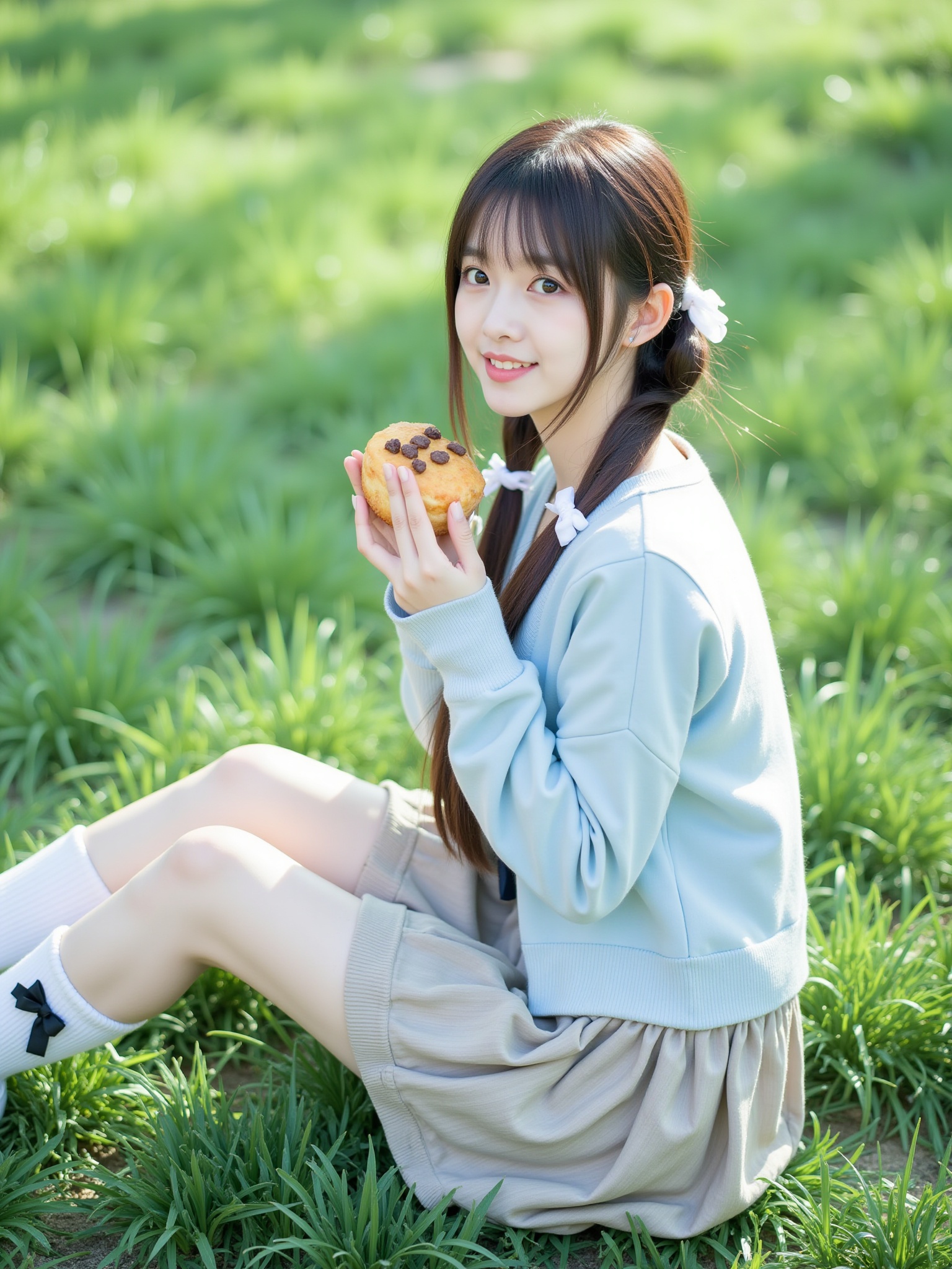 Here's a description of the image:Eye-level view of a young woman with long brown hair styled in pigtails with white ribbons sitting on a vibrant green grassy field. Here's a breakdown of the details:* **The Woman:** She appears to be of Asian descent, with fair skin and a pleasant expression. Her hair is parted in the middle and falls past her shoulders. She's wearing a light blue, long-sleeved, slightly cropped cardigan or sweater over a darker top. Her skirt is a greyish-beige, pleated, and falls to mid-thigh. She's wearing white sneakers with black ribbon-like accents on the ankles, and white socks are visible.* **Her Actions:** She's holding a piece of what seems to be a baked good, possibly a muffin or bun, that is orange-brown in color, and it looks like it has some sort of topping or design on top in darker brown. She appears relaxed and is casually posed, slightly angled away from the camera. * **The Setting:** The background and foreground consist of short, lush green grass that appears well-maintained. The grass is the dominant feature of the scene, and the lighting suggests it might be daytime, possibly late afternoon or early evening, with soft sunlight illuminating the scene.* **Overall Impression:** The image conveys a sense of calm and youthfulness. The colors are soft and natural, creating a peaceful <lora:小红书顶流嫩妹脸模FLUX:1>