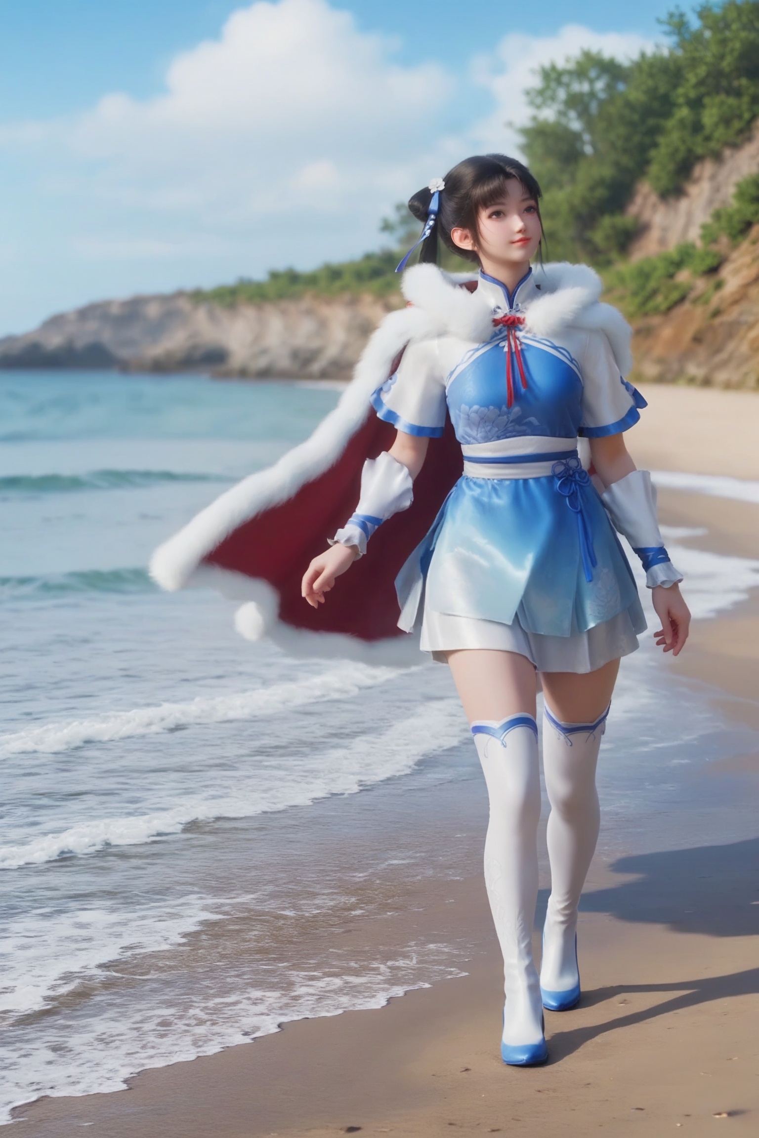 realistic style photo outstanding style,tall,cute,in her teens. Use soft lighting to cast gentle shadows on the subject,adding a touch of dimension to your images without compromising details,score_9,score_8_up,score_7_up,Seaside,beach,waves,<lora:仙剑奇侠传x和平精英联动-赵灵儿Pony:0.7>,long,straight black hair is tied up in a high ponytail with a blue ribbon,wears a traditional Chinese-style outfit. The dress is primarily blue with white and silver accents,featuring a high collar,puffy sleeves,and a flowing skirt. a white fur cape with a red lining draped,white thigh-high socks and white shoes.,