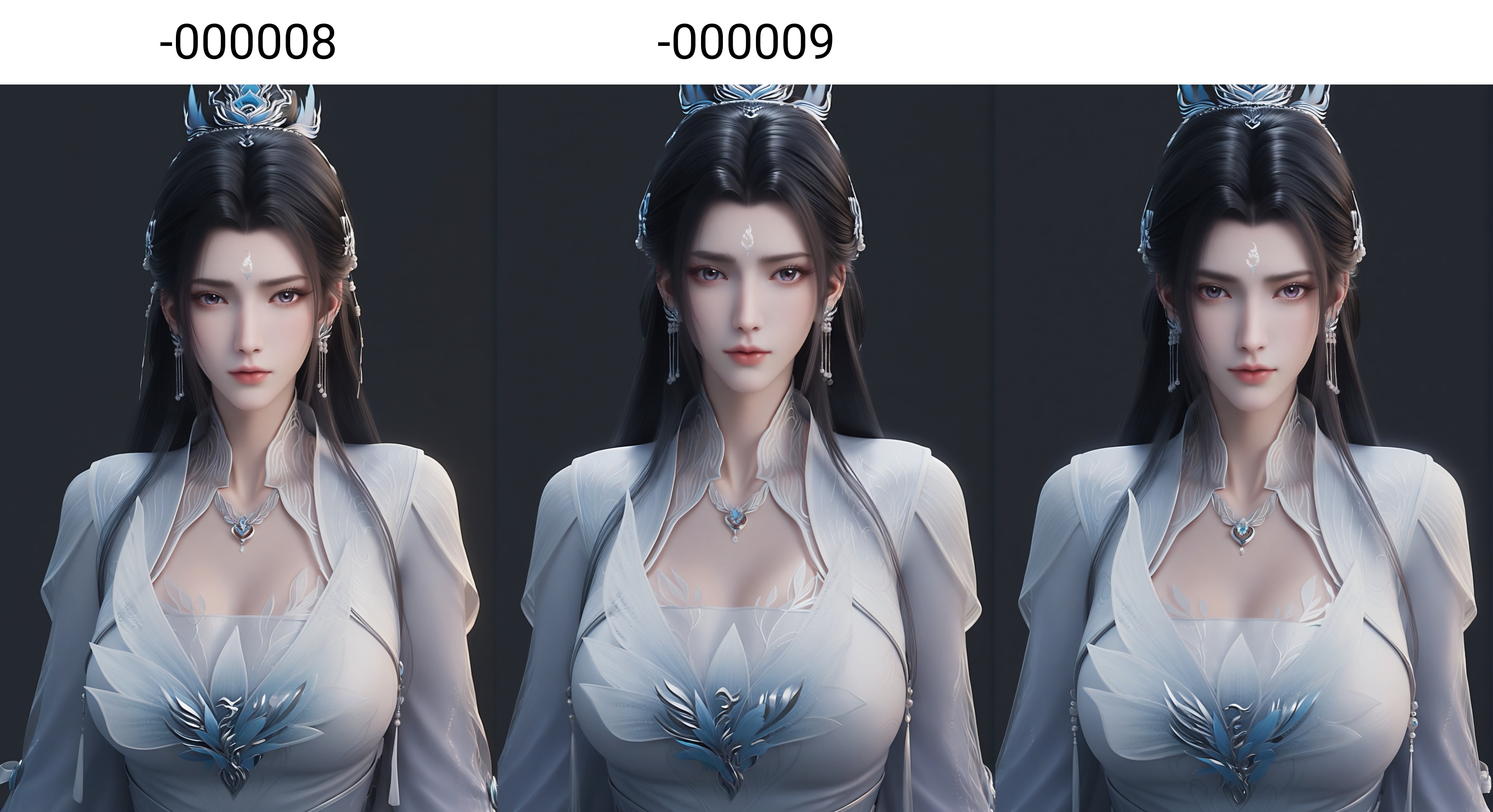 (score_9),<lora:陆雪琪2-Apony-000008:0.85>,luxueqi,long hair,black hair,hair ornament,hair bun,updo,earrings,forehead mark,dress,jewelry,necklace,hair ribbon,belt,light blush,looking at viewer,front view,1girl,solo,(mature_female),<lora:Expressive_H-000001:0.8>,collarbone,(glamor:1.2),cleavage,(white_skin),(fair_skin:1.1),<lora:e肤色滑块:0.35>,ultra-detailed skin texture,detailed textures,BREAKsimple background,(black background),