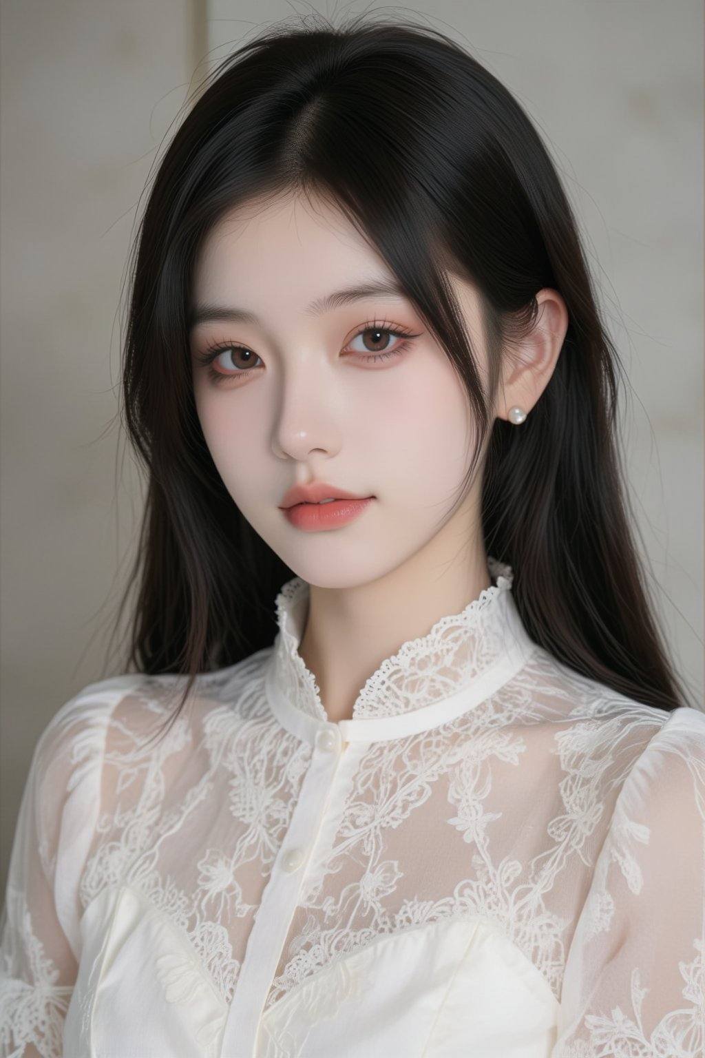 A photograph of a young Asian woman with fair skin and long,  straight black hair. She has delicate features,  wearing a w...