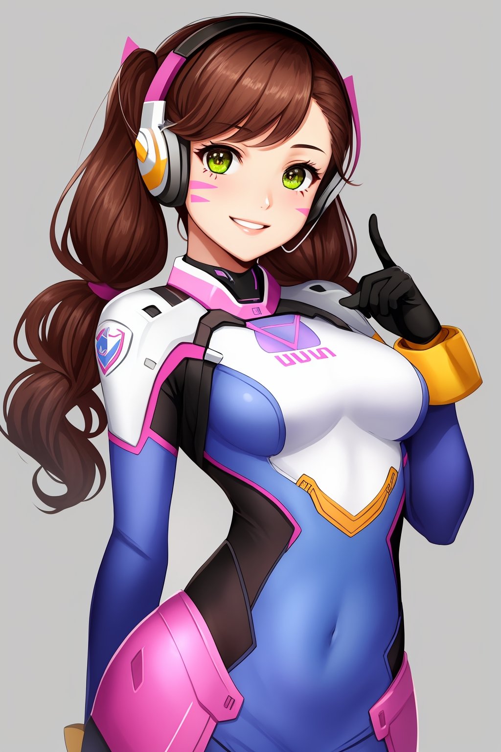 1girl,solo,long hair,breasts,looking at viewer,blush,smile,bangs,brown hair,gloves,long sleeves,navel,twintails,medium breasts,green eyes,upper body,parted lips,midriff,white gloves,hand up,stomach,grin,crop top,cosplay,bodysuit,headphones,low twintails,facial mark,short twintails,index finger raised,arm behind back,whisker markings,d.va \(overwatch\),