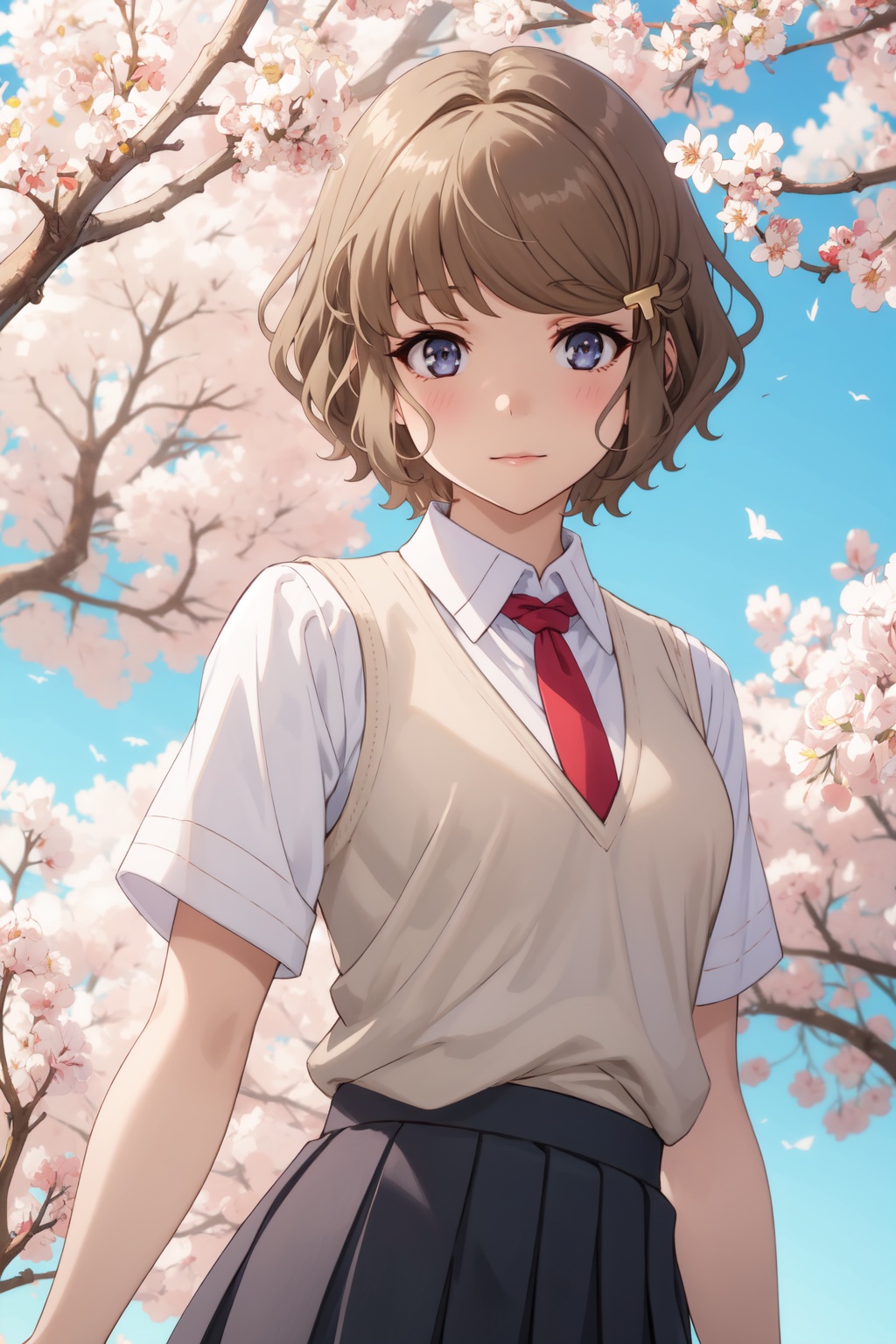 <lora:Tomoe-000014:0.8>,Tomoe CYQL,1girl,looking at viewer,solo,short_hair,brown_hair,bangs,blue_eyes,hair_ornament,blush,school_uniform,shirt,white_shirt,sweater_vest,necktie,collared_shirt,short_sleeves,skirt,pleated_skirt,vest,shy,full_shot,Cherry trees, Blossoms, Park, Spring, Colors, Beauty, Serenity, Tranquility,(Cherry blossoms, Pagoda, Koi pond, Cherry blossom festival, Japanese tranquility, Cherry blossom petals:0.5),beautiful detailed sky,beautiful detailed glow,posing in front of a colorful and dynamic background,masterpiece,best quality,beautiful and aesthetic,contrapposto,female focus,wallpaper,