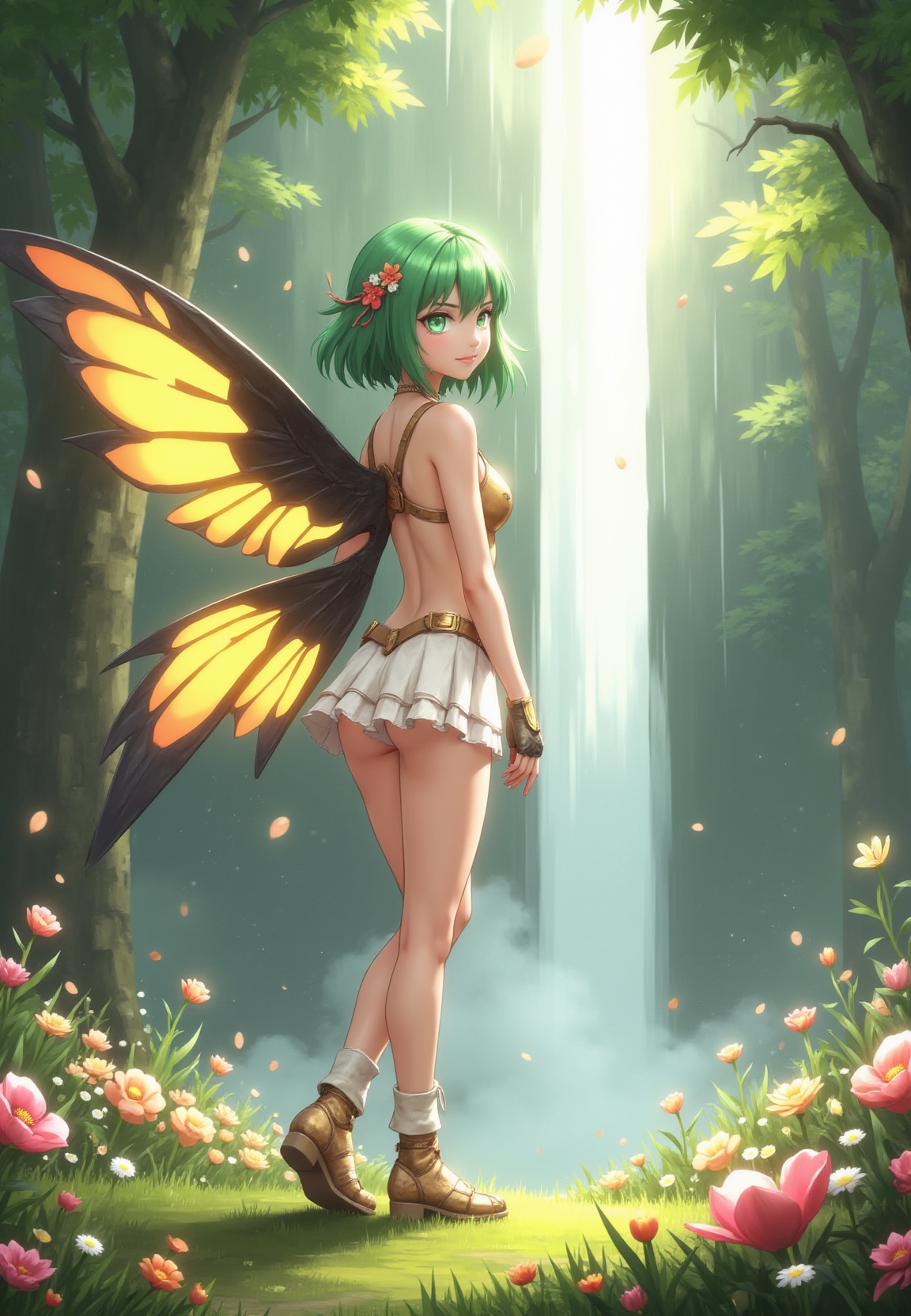 anime style picture,  "manga style image: A airy fantasy angel-winged scandinavian woman with vibrant green hair styled in...