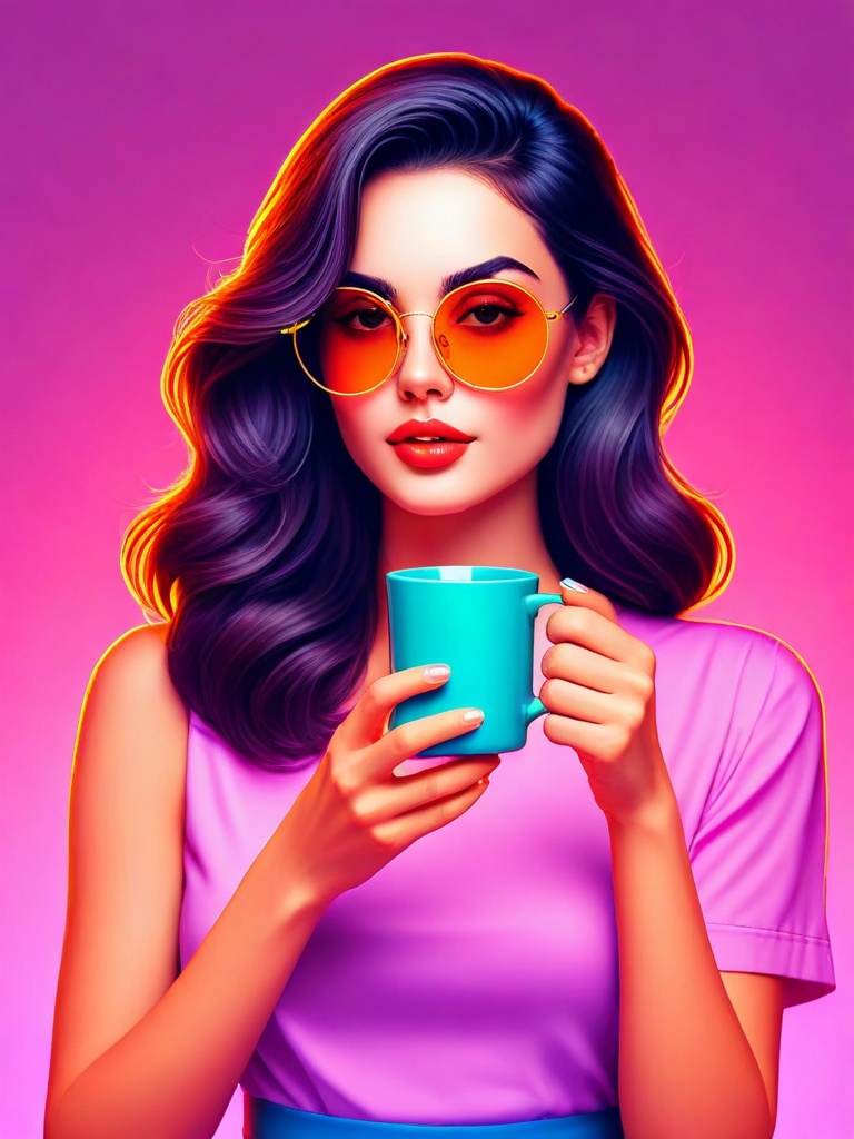 high quality illustration of a cocky confident stunningly beautiful woman,  holding coffee mug in hand,  perfect skin on T...
