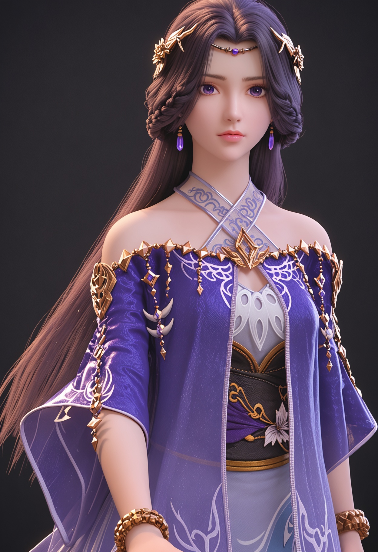 perfect_anatomy,score_9,(upper_body:1.1),looking_at_viewer,<lora:YQV7_pony_yunxi_shaonv_V6:0.8>,1girl,q1528437228,solo,long hair,dress,jewelry,black hair,hair ornament,bare shoulders,earrings,purple eyes,braid,purple dress,bracelet,realistic,blue dress,circlet,purple hair,anklet,criss-cross halter,halterneck,brown hair,perfect_anatomy BREAK perfect_anatomy,simple background,black background,(shiny_skin),(Ivory_skin:1.1),(cinematic lighting),