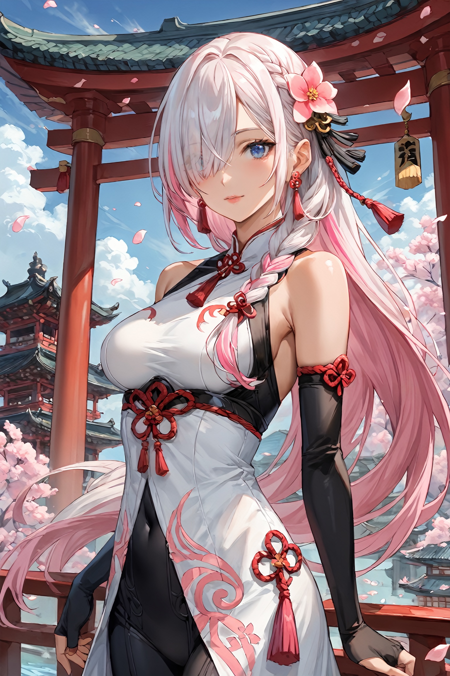score_9, score_8_up, score_7_up, masterpiece, best quality, absurdres, very aesthetic, source_anime, detailed illustration, 8K UHD, upper body, 1girl, solo, long hair, looking at viewer, blush, bangs, blue eyes, medium breasts, hair ornament, very long hair, closed mouth, ((pink hair and white hair, multicolored hair)), hair over one eye,bare shoulders, white dress, jewelry, standing, flower, earrings, black gloves, elbow gloves, petals, covered navel, tassel, braided ponytail, partially fingerless gloves, black bodysuit, outdoors, sky, day, architecture, east asian architecture, tassel earrings