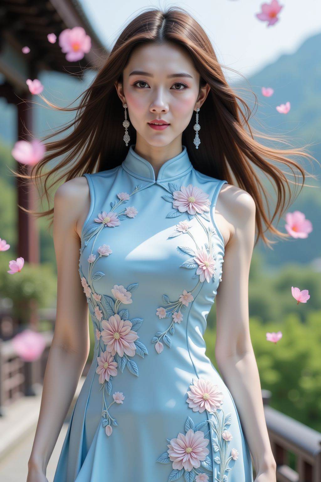 The image features a young woman with long, flowing brown hair that is being blown to the side, suggesting movement or wind. She is wearing a light blue, sleeveless cheongsam dress adorned with intricate floral embroidery in white, pink, and blue, with delicate vines and leaves. The dress has a high collar with a small opening at the neck. Her right arm is hanging by her side, while her left hand is gently resting on her hip. She is wearing dangling earrings. The background is blurred, showing greenery and what appears to be traditional architectural elements, possibly a temple or pavilion, with a mountainous landscape in the distance. Pink flower petals are scattered throughout the image, adding a dynamic and ethereal quality to the scene. The overall composition suggests a serene, elegant, and slightly whimsical atmosphere.