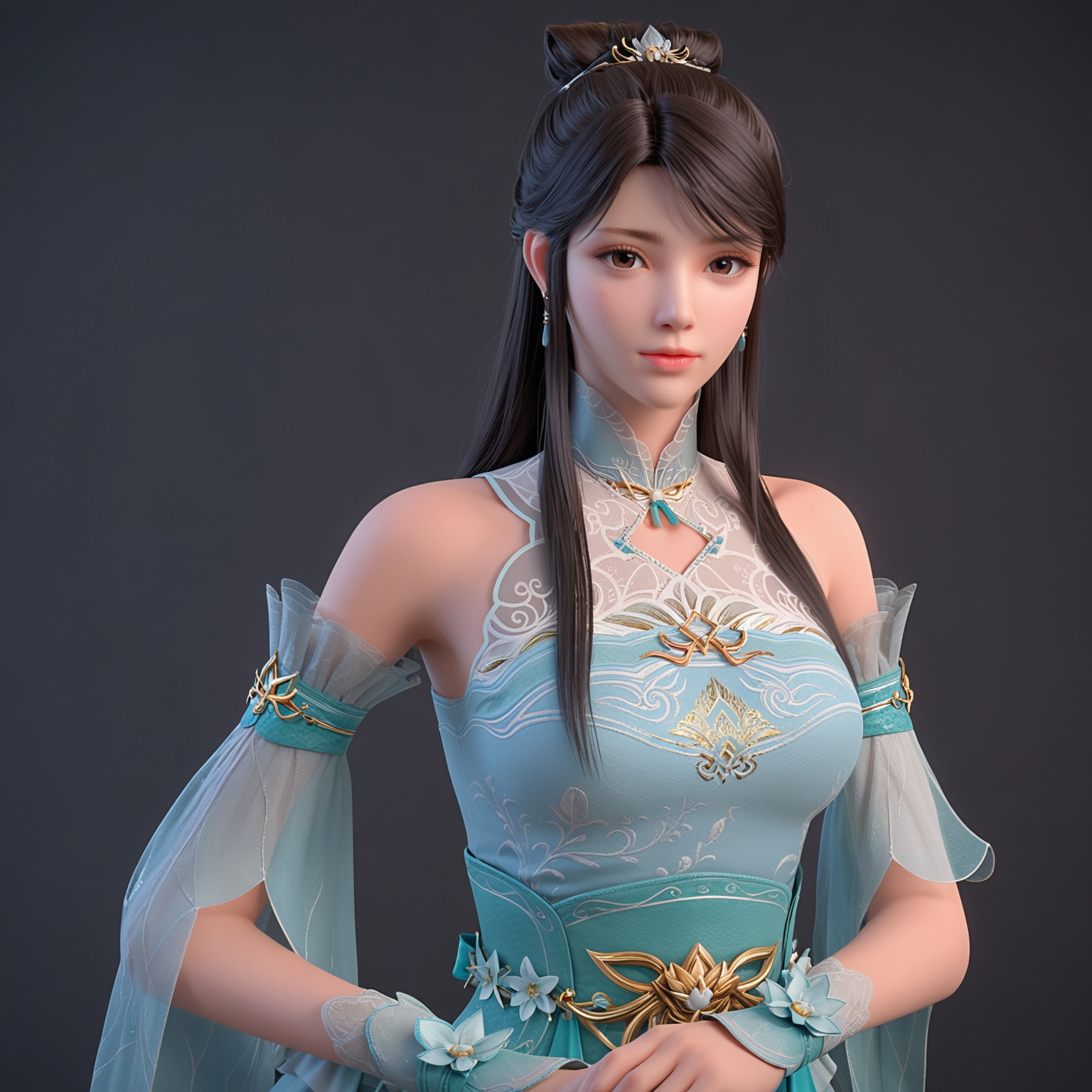 <lora:YQponyxunerliuhaiV4:0.8>,q1528437228,solo,1girl,long_hair,dress,black_hair,bare_shoulders,hair_ornament,detached_sleeves,brown_hair,blue_dress,jewelry,sash,chinese_clothes,brown_eyes,earrings,hair_bun,white_dress,ribbon,shoes,see-through,blue_footwear,pantyhose,necklace,bracelet,half_updo,BREAK score_9,upper_body,portrait,shiny_skin,looking at viewer,cinematic lighting,volumetric lighting,solo focus,(huge breasts:0.9),(simple background,pure black background,black background:1.1),