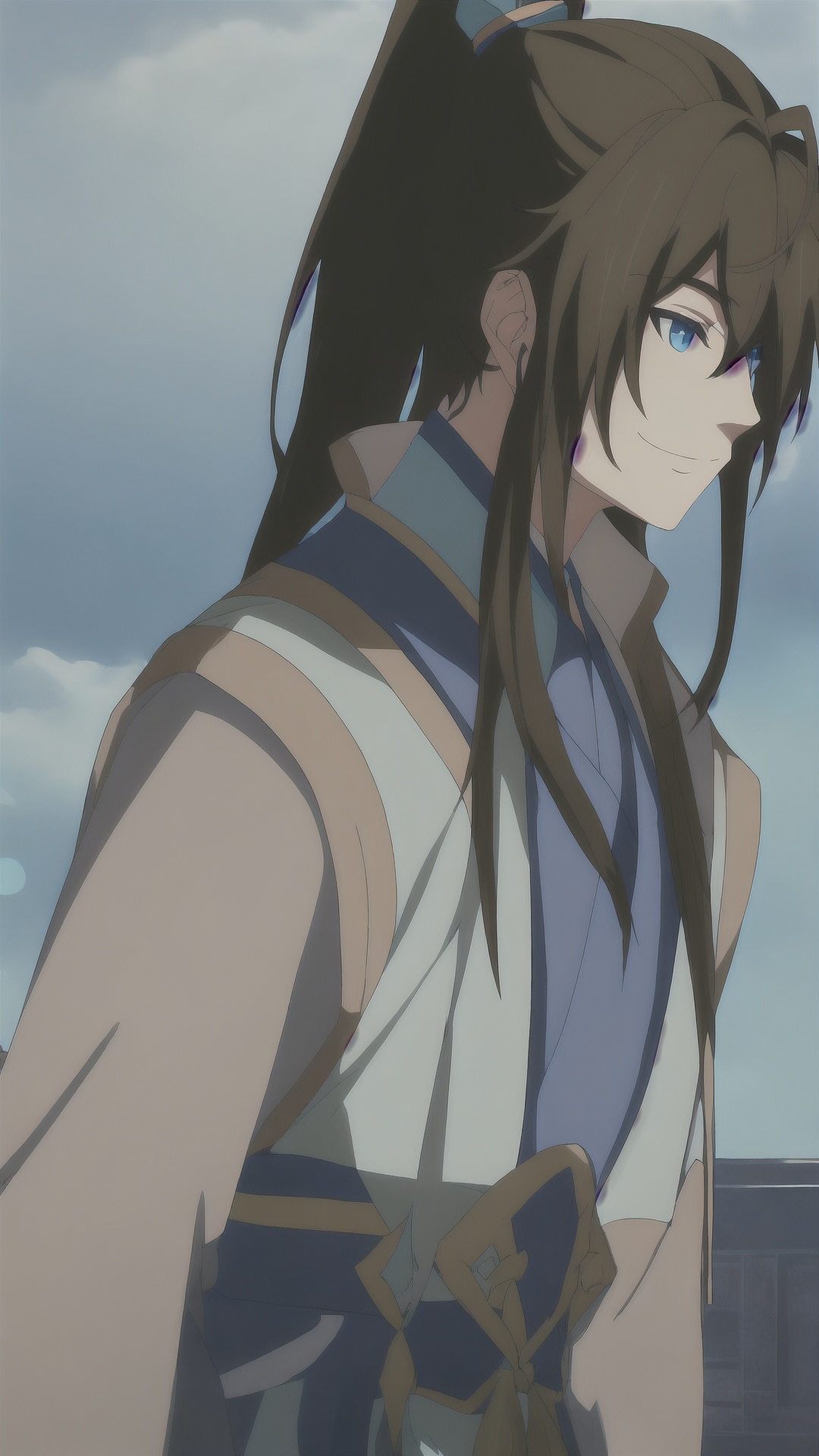 1boy,male focus,solo,long hair,blue eyes,brown hair,smile,ponytail,upper body,hair ornament,high ponytail,chinese clothes,<lora:boy baixiaochun_20240911193625:0.8>,