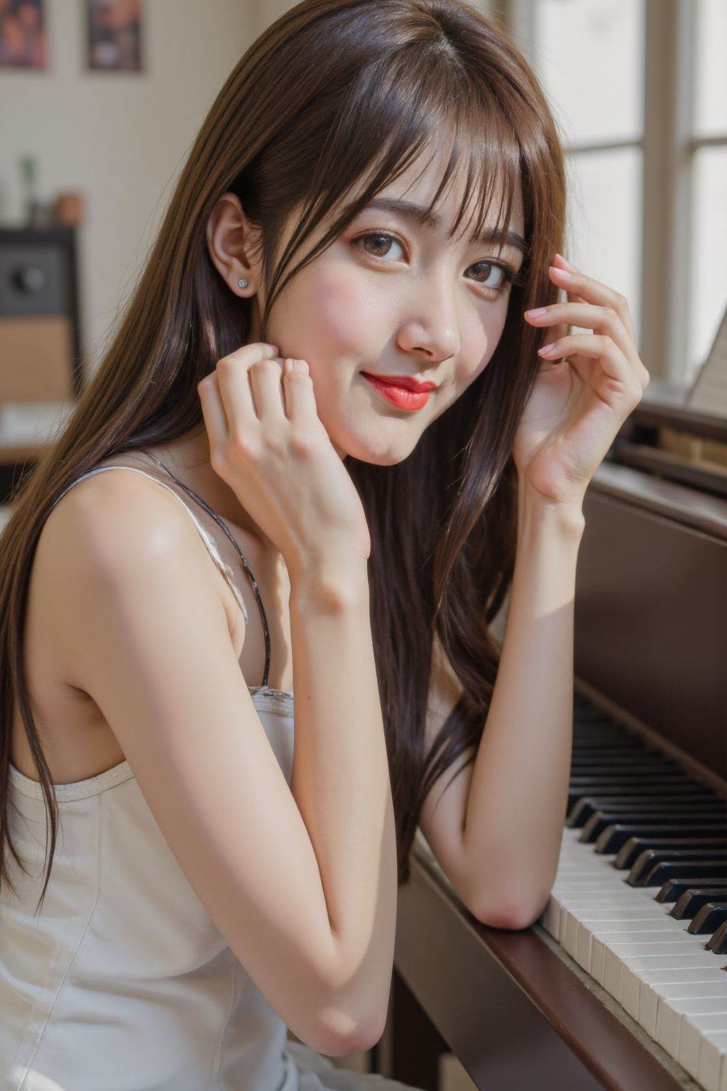 Beautiful woman, lying on the piano keyboard with her right hand leaning against it, a happy expression, light makeup and red lips, brown straight hair with bangs hanging down, wearing a white dress, in bright sunlight, a full-body shot, super-high-resolution photography, with super details and super-sharp focus, and a super-natural skin texture