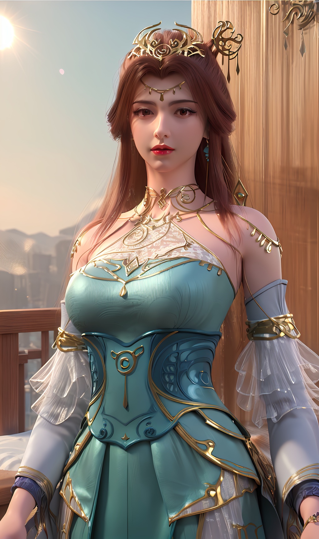 3D,masterpiece,(best quality),(makeup),official art, extremely detailed cg 8k wallpaper,((crystalstexture skin)), (extremely delicate and beautiful),(highly detailed),(face),(headgear),(tassel),(1girl), (solo), (jewelry), (earrings),(brown_hair),(long_hair),(hair_ornament),(handwear),(breasts),(standing),,(detached_sleeves),(bare_shoulders),,((upper_body)),(dress),(multicolored_clothes),(multicolored_dress),(closed_mouth),(traditional_clothes),((gold_trim),shiny_clothes),(sunshine, outdoor,bed),((looking_at_viewer)),((Facing the camera)), , <lora:hipoly3DModelLora_v10:0.3>