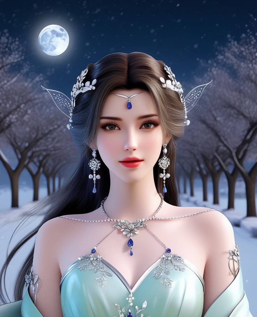 <lora:604-DA-XL-星辰变-姜立V2-新衣:0.8>(,1girl, ,best quality, ),looking at viewer,  ultra realistic 8k cg, picture-perfect face,   clean, masterpiece,     cinematic lighting, cinematic bloom, fantasy,  , unreal, science fiction, ((,1girl, pov,))(((,tree, 1girl, full moon,snowing,snow ,solo,     solo focus,  long_hair, looking_at_viewer,  )))  (rich:1.4,)     prestige, luxury, jewelry, diamond, gold, pearl, gem, sapphire, ruby, emerald, intricate detail, delicate pattern, charming, alluring, seductive, erotic, enchanting, hair ornament, necklace, earrings, bracelet, ,