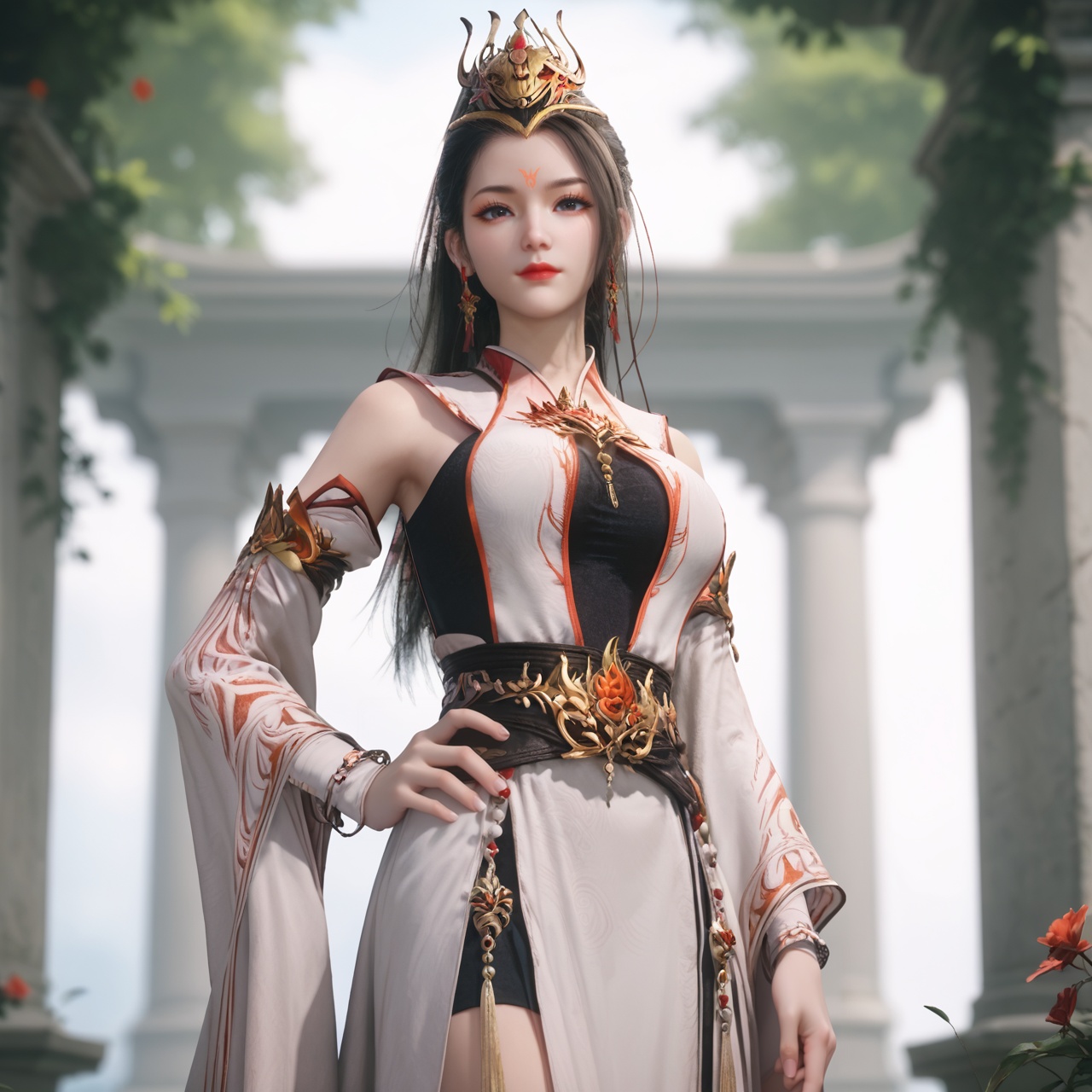 score_9,score_8_up,score_7_up,score_6_up,best quality,simple background,sfw,bright,perfect hands,depth of field,<lora:酒玖-师兄啊师兄-pony:0.8>,jiujiu,1girl,solo,jewelry,forehead mark,earrings,dress,long hair,ponytail,hair ornament,closed mouth,looking at viewer,bare legs,pelvic curtain,makeup,large breasts,slender body,standing,in the yard,flower,hand on own hip,sunlight,leaning,
