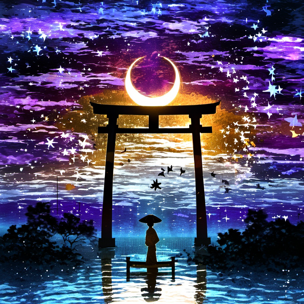 <lora:star_xl_v1:1>,The image portrays a serene and mystical night scene. In the foreground, there's a silhouette of a person standing in front of a large, ornate torii gate. The gate is illuminated from the inside, casting a warm, golden glow. The person is dressed in traditional attire, possibly a kimono, and is facing away from the viewer, looking towards the horizon. The background is filled with a mesmerizing blend of colors, predominantly blues and purples, representing the night sky. There are numerous stars scattered throughout, and a crescent moon is visible in the center. The water below reflects the colors of the sky, adding to the tranquility of the scene. On the right side, there's a silhouette of a butterfly, adding a touch of life and movement to the otherwise still image., serene, mystical, night scene, torii gate, golden glow, traditional attire, crescent moon, stars, water, butterfly, silhouette