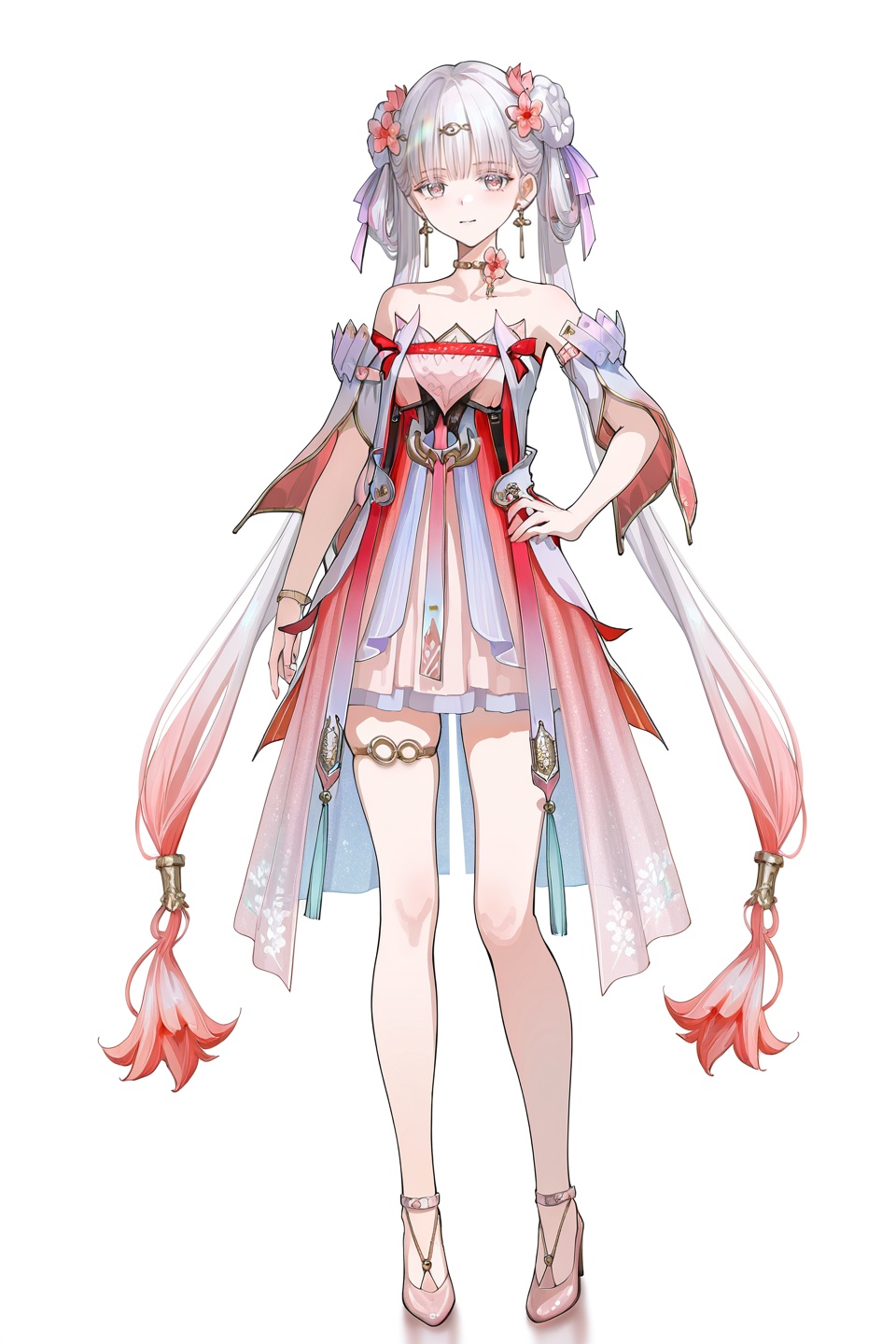 8k,best quality,masterpiece,(ultra-detailed),(high detailed skin),((artist:reoen),(artist:fuzichoco),(artist:atdan),(artist:torino_aqua),year 2024:0.8)1girl,[artist:wlop],[artist:ningen_mame],artist:ciloranko,[[artist:rhasta]],artist:tidsean,colorful,detailed light,light leaks,sunlight,bokeh,blurry foreground,ray tracing,lens flare,cinematic lighting,full body,full shot,standing,looking at viewer,(solo:1.2),simple background,(white background:1.2),hand on own hip,(white background:1.1),<lora:jxnew-noob-Tanger-000014:0.8>,jinhsi,jinhsi \(peach blossom\) \(wuthering waves\),(clothes:peach blossom pink dress,alternate costume,bare shoulders:1.3),flower-shaped pupils,1girl,hair ornament,hair flower,twintails,bangs,dress,standing,jewelry,very long hair,A full-body portrait of a young girl,standing gracefully,pastel art style,high-key lighting,shoujo manga influence,hd quality,delicate details,