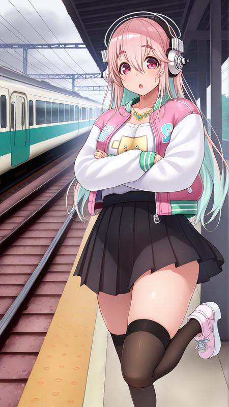 masterpiece, absurdres, amazing quality, aesthetic, newest, mature female, looking at viewer,<lora:SuperSonico_Illu_Dwnsty:0.9>,sup3rs0n1c0def, pink eyes, pink hair, aqua hair, two-tone hair, colored inner hair, long hair, hair between eyes, headphones, necklace, letterman jacket, pink jacket, white sleeves, long sleeves, sleeves past wrists, white shirt, black skirt, miniskirt, pleated skirt, black thighhighs, standing, one leg raised, arms crossed, curious, raised eyebrow, :o, train station, platform, benches, railway tracks, signs, overcast sky, outdoors,