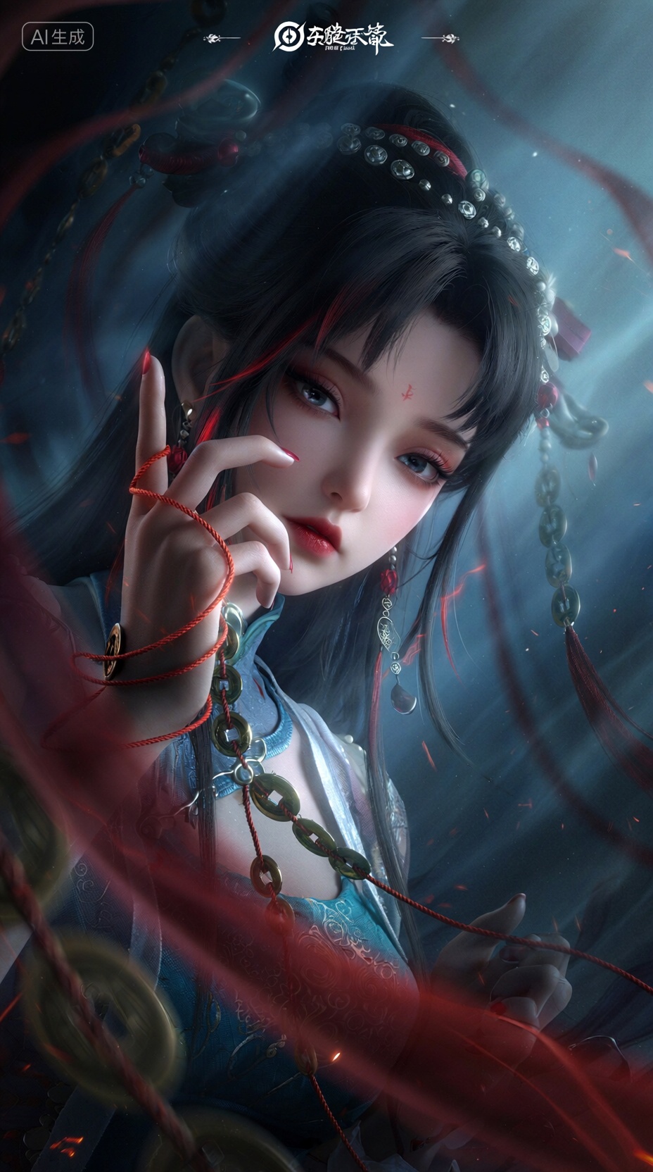 人物插画,叠涂,特效,弥散渐变,色彩饱满有层次,古风模糊深色背景,画面昏暗,阴冷,少女,手指缠着发光的红线,诡异民俗风格,红线,小铜钱,流动感,神秘,氛围感拉满,模糊雾气,冷色调,繁复垂坠,画面光影明暗对比,模糊红线前景,倾斜构图,仰视角度,, Negative prompt: ng_deepnegative_v1_75t,(badhandv4:1.2),EasyNegative,(worst quality:2),,nsfw, Steps: 40, Sampler: Euler, CFG scale: 1.0, Seed: 352690153, Size: 928x1664, Model hash: 98763a1277, Model: Qwen-Image_1.0.safetensors, Denoising strength: 0, RNG: CPU, Lora 1: 【摸鱼】3D, Lora Hash 1: 2106c5bf96, Lora Weight 1: 0.8, Lora 2: 【摸鱼】3D电商渲染级KV海报_创意视觉表达, Lora Hash 2: ce1227b095, Lora Weight 2: 0.4, Lora 3: Qwen-Image-Lightning-8steps-V1.1-bf16.safetensors, Lora Hash 3: fe04c3ec1d, Lora Weight 3: 0.6, vae_name: automatic