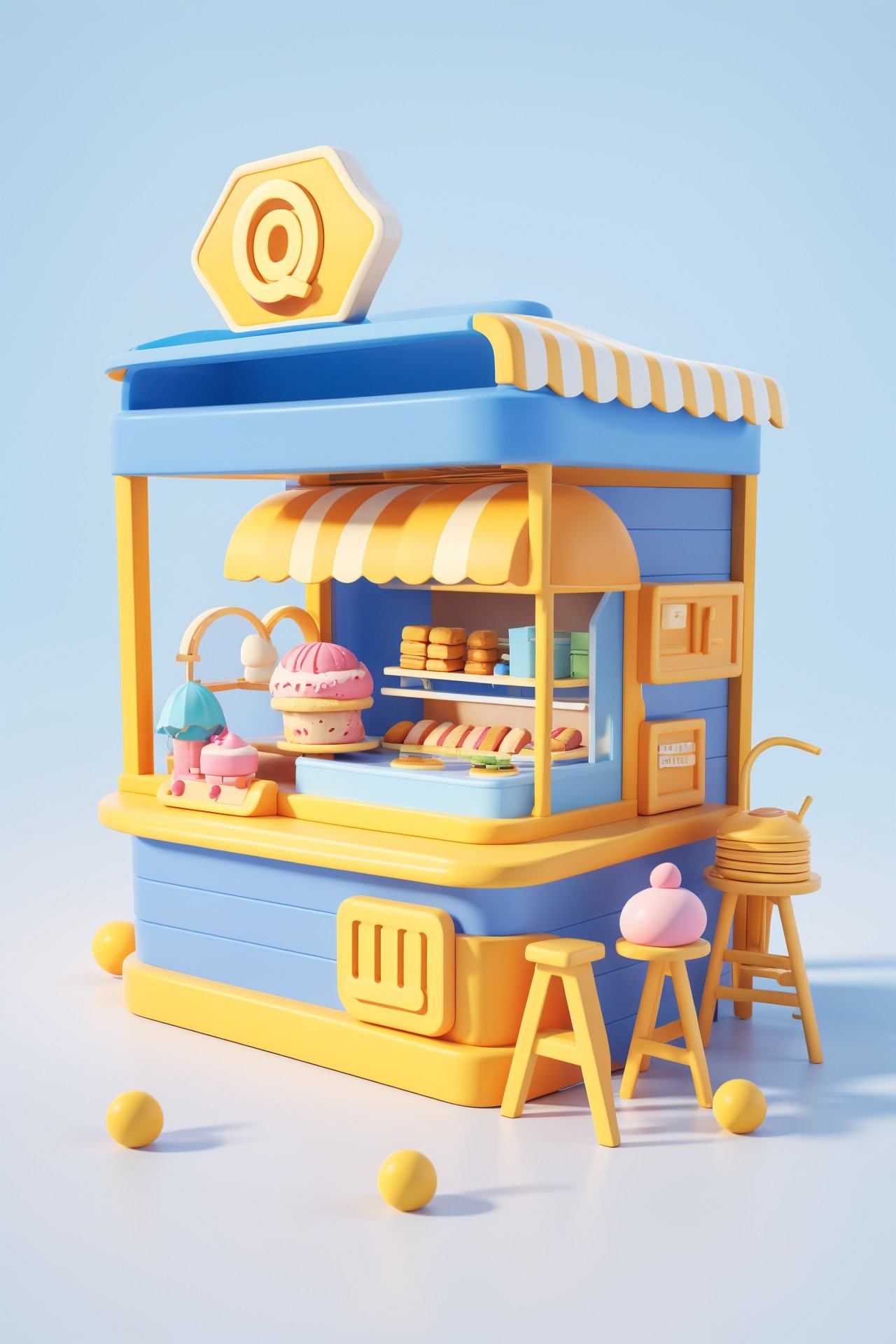 "3D style, Q version cute ice cream stand with a few pastel-colored ice cream cones on display. The stand is set on a simple white surface with minimal background elements, focusing on the delightful and refreshing treats."